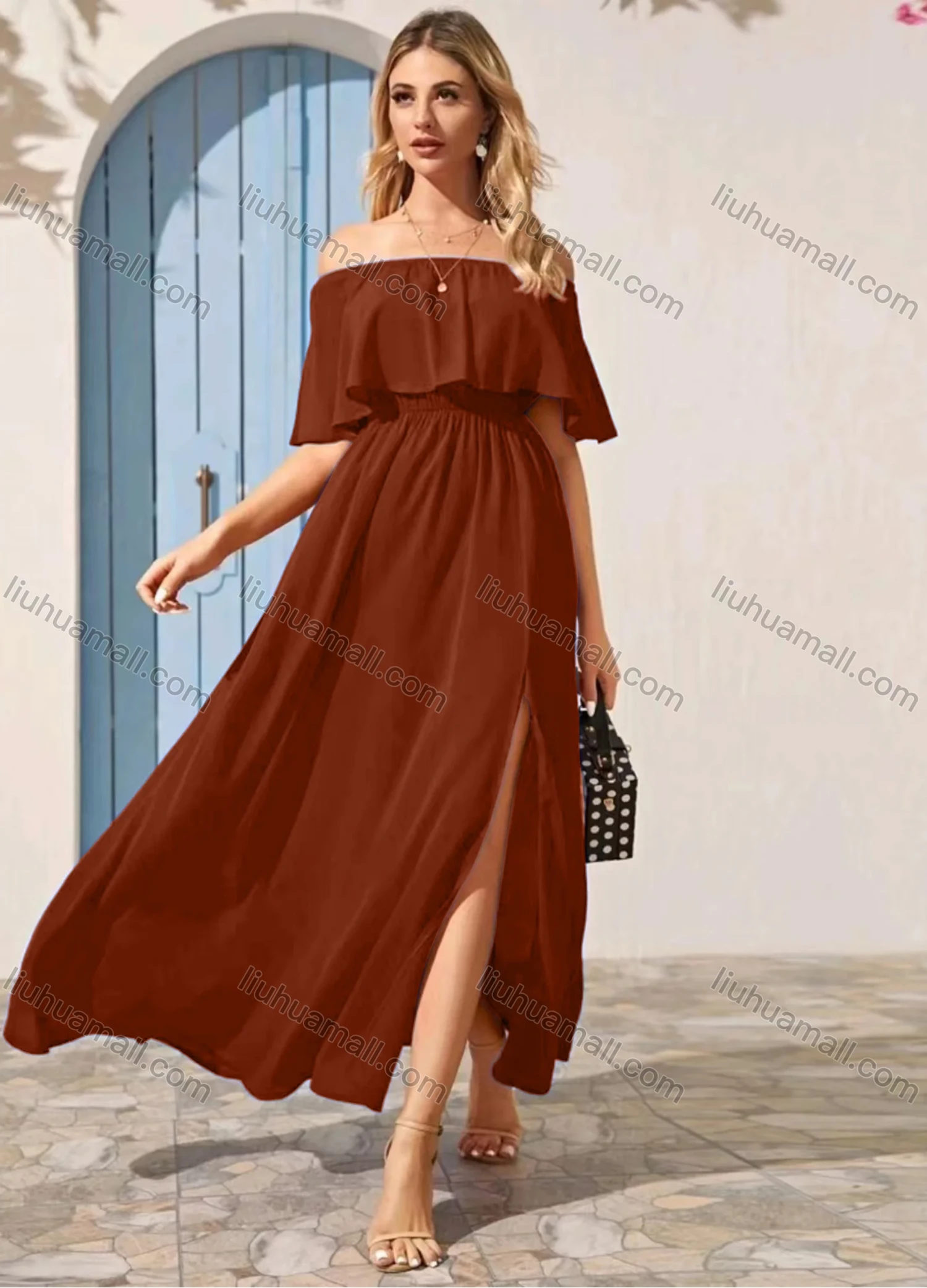 Wholesale Women's Plain Off Shoulder Split Side Ruffle Trim Maxi Cocktail Dress - Liuhuamall