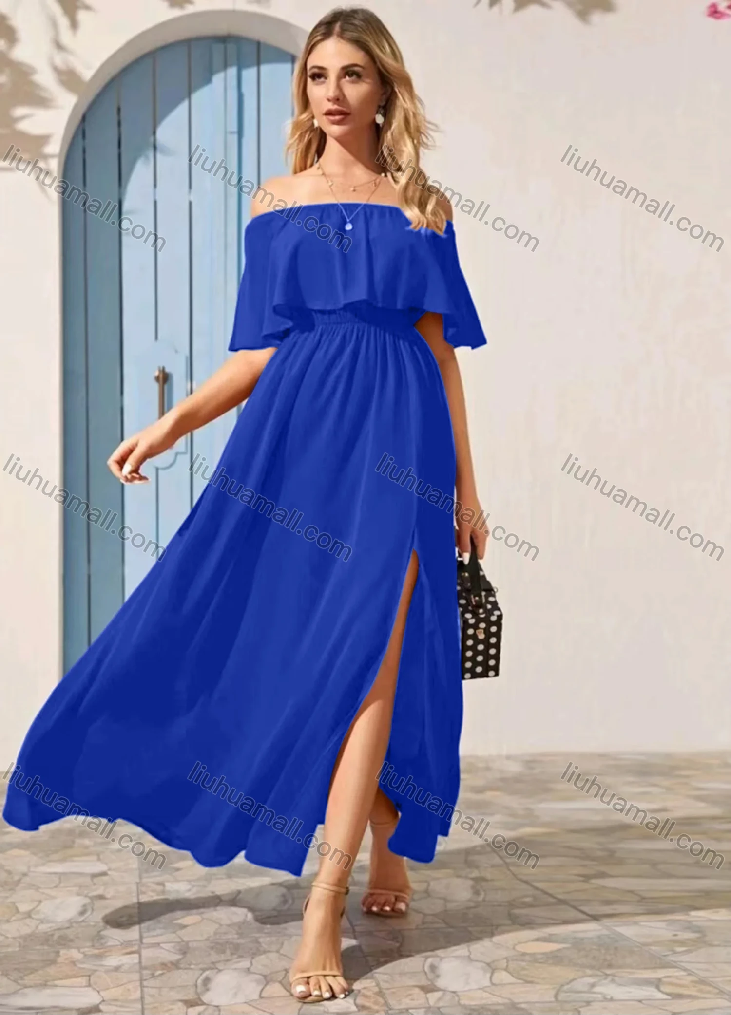 Wholesale Women's Plain Off Shoulder Split Side Ruffle Trim Maxi Cocktail Dress - Liuhuamall