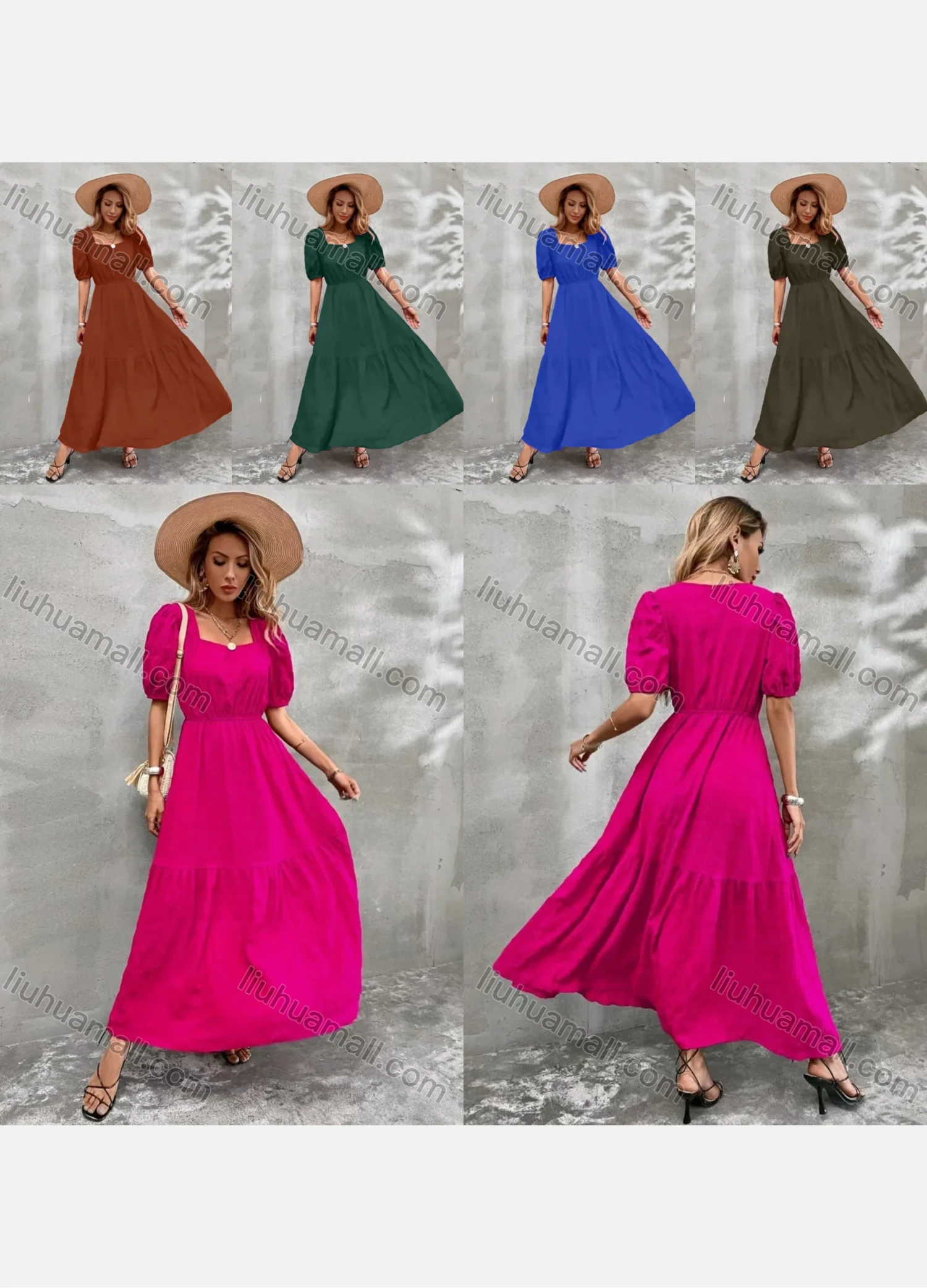 Wholesale Women's Casual Plain Square Neck Puff Sleeve High Waist Maxi Dress - Liuhuamall