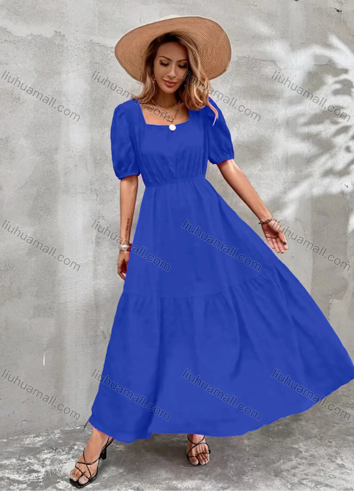 Wholesale Women's Casual Plain Square Neck Puff Sleeve High Waist Maxi Dress - Liuhuamall