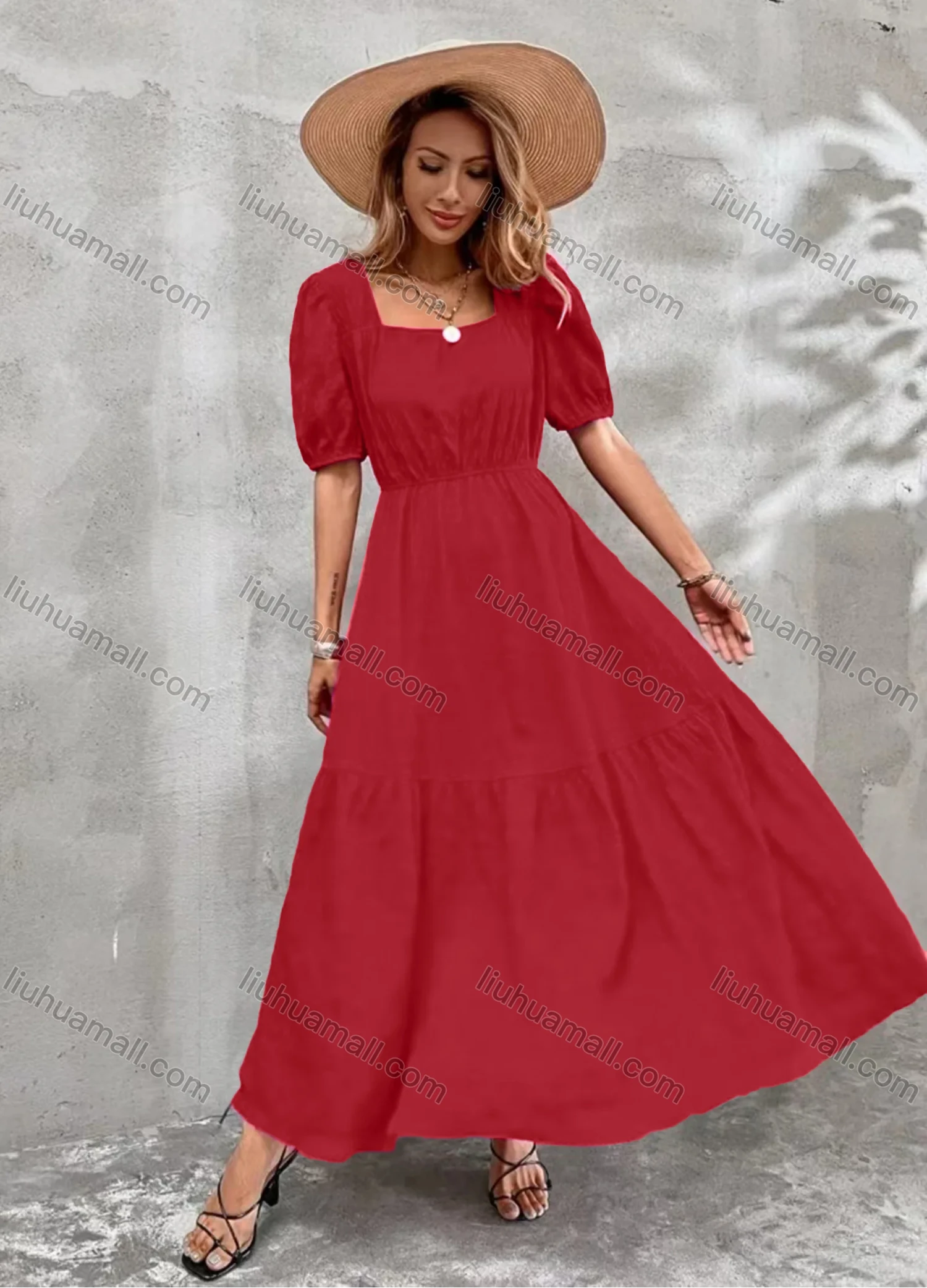 Wholesale Women's Casual Plain Square Neck Puff Sleeve High Waist Maxi Dress - Liuhuamall