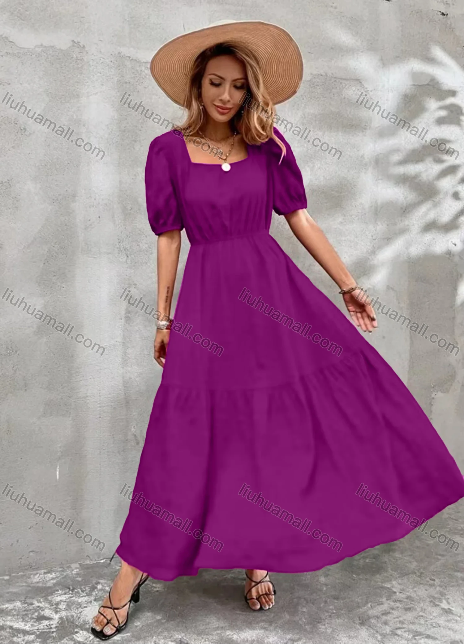 Wholesale Women's Casual Plain Square Neck Puff Sleeve High Waist Maxi Dress - Liuhuamall