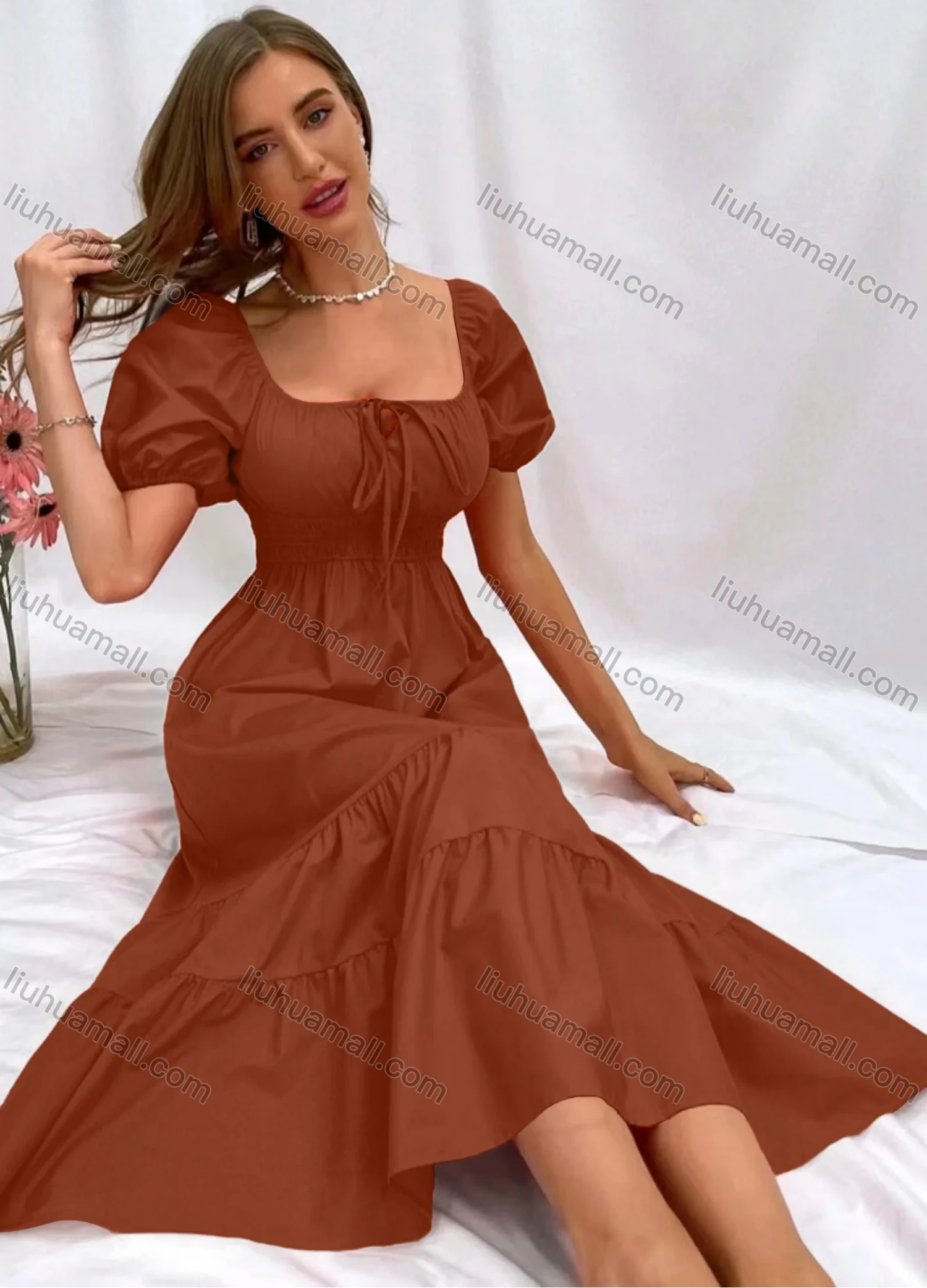 Wholesale Women's Casual Plain Square Neck Lace Up Shirred Puff Sleeve High Waist Midi Dress - Liuhuamall