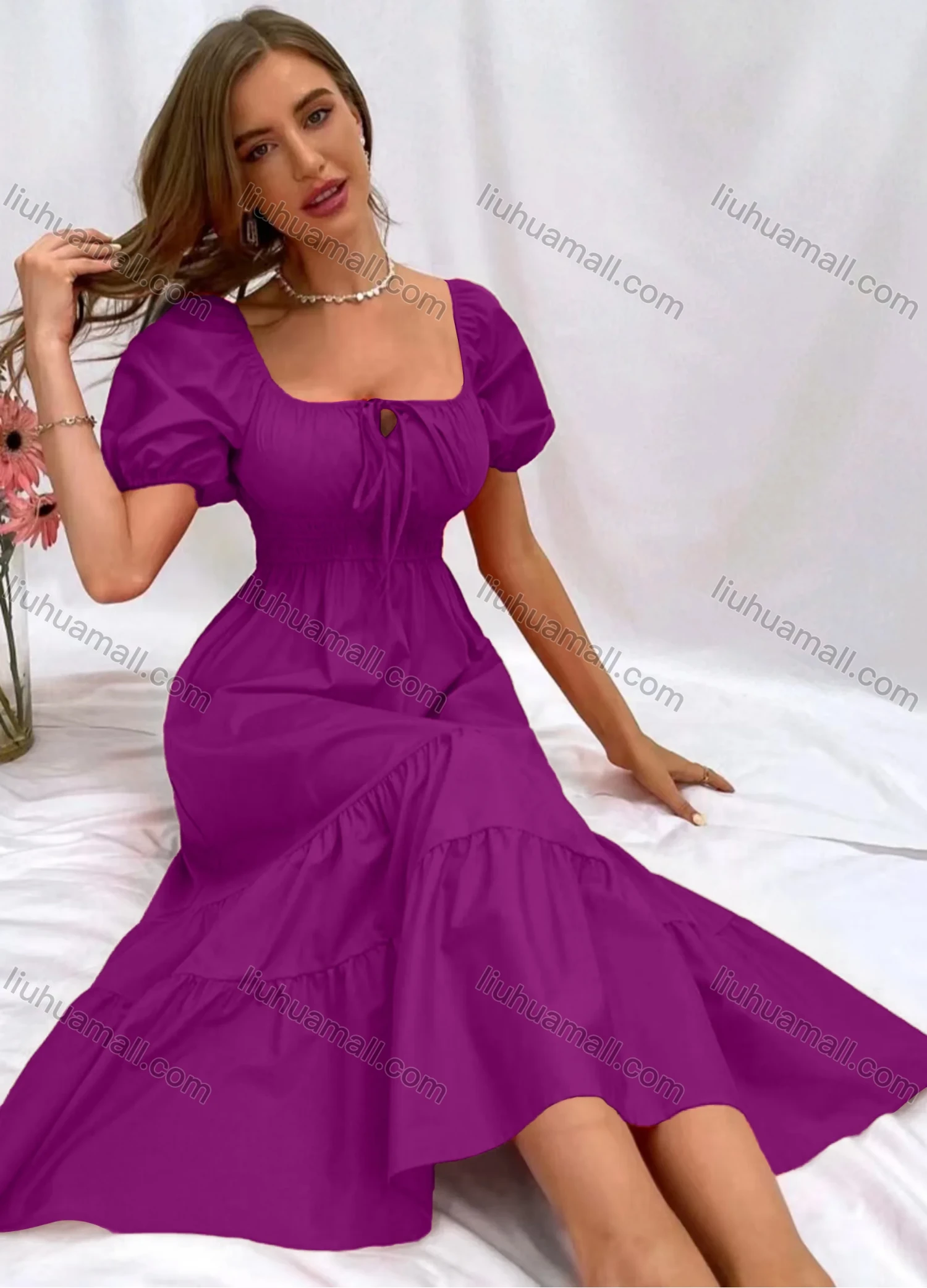 Wholesale Women's Casual Plain Square Neck Lace Up Shirred Puff Sleeve High Waist Midi Dress - Liuhuamall