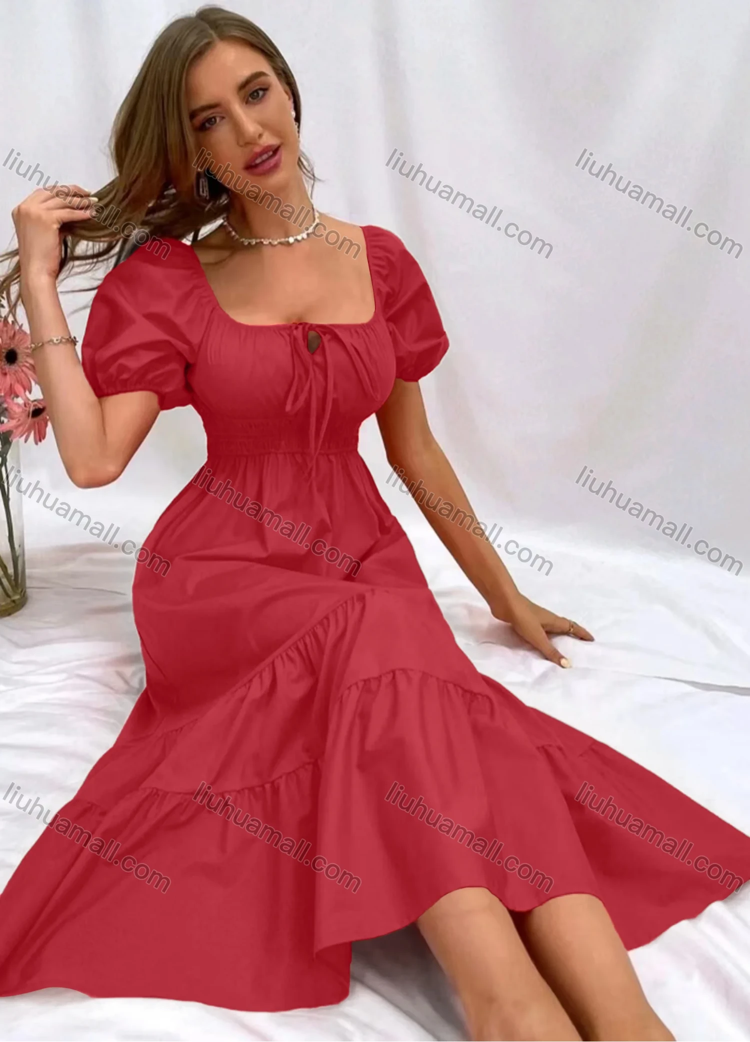 Wholesale Women's Casual Plain Square Neck Lace Up Shirred Puff Sleeve High Waist Midi Dress - Liuhuamall