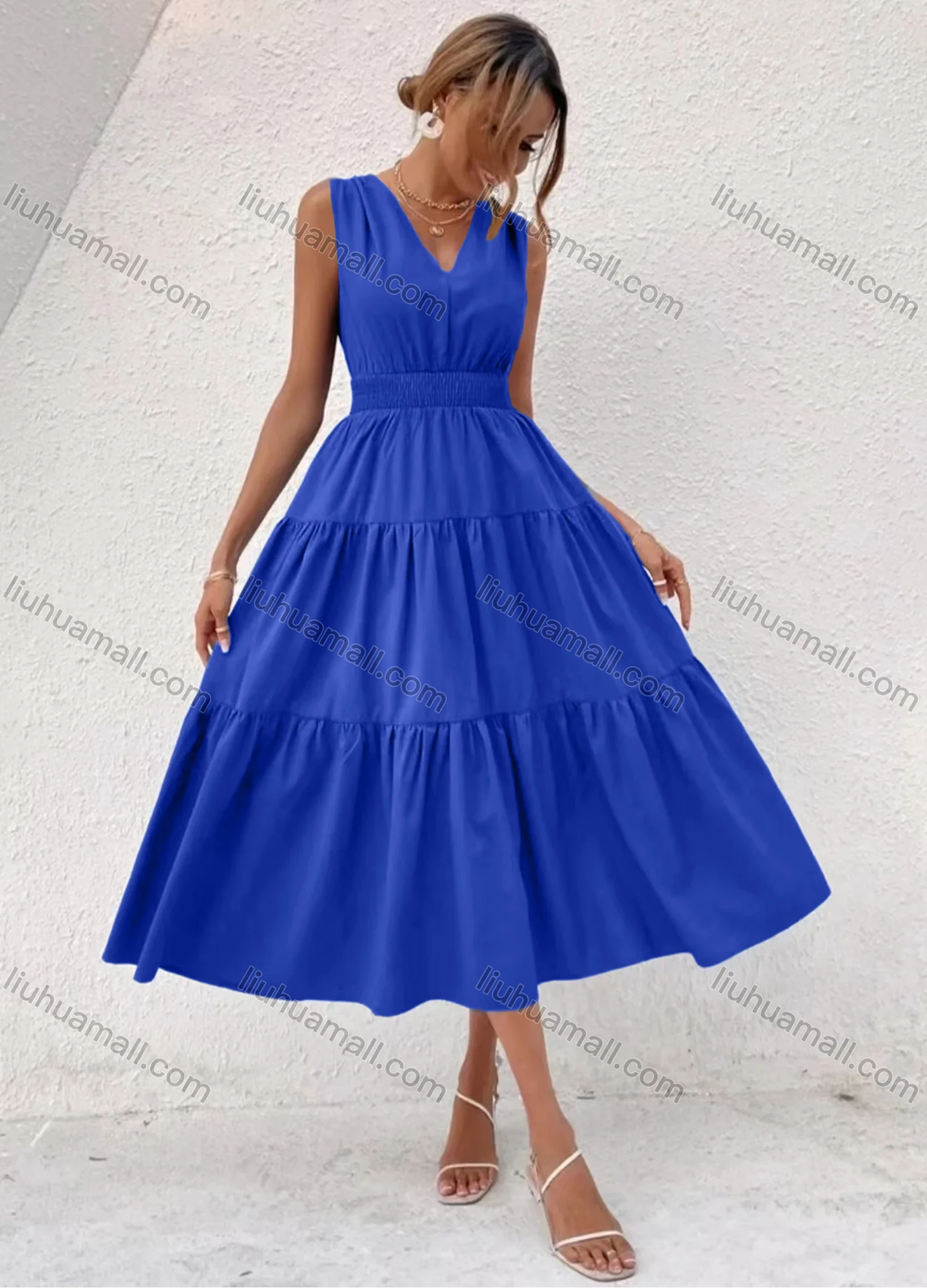 Wholesale Women's Casual Plain V Neck Ruched Lace Up Ruffle Hem Midi Tank Dress - Liuhuamall