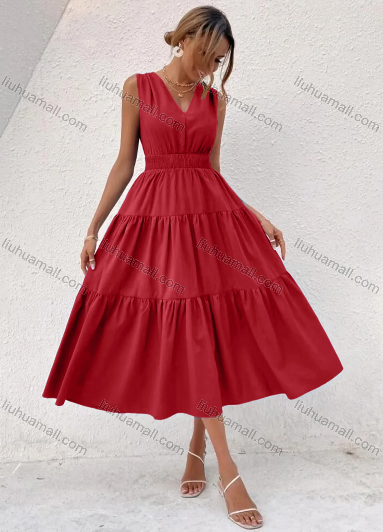 Wholesale Women's Casual Plain V Neck Ruched Lace Up Ruffle Hem Midi Tank Dress - Liuhuamall