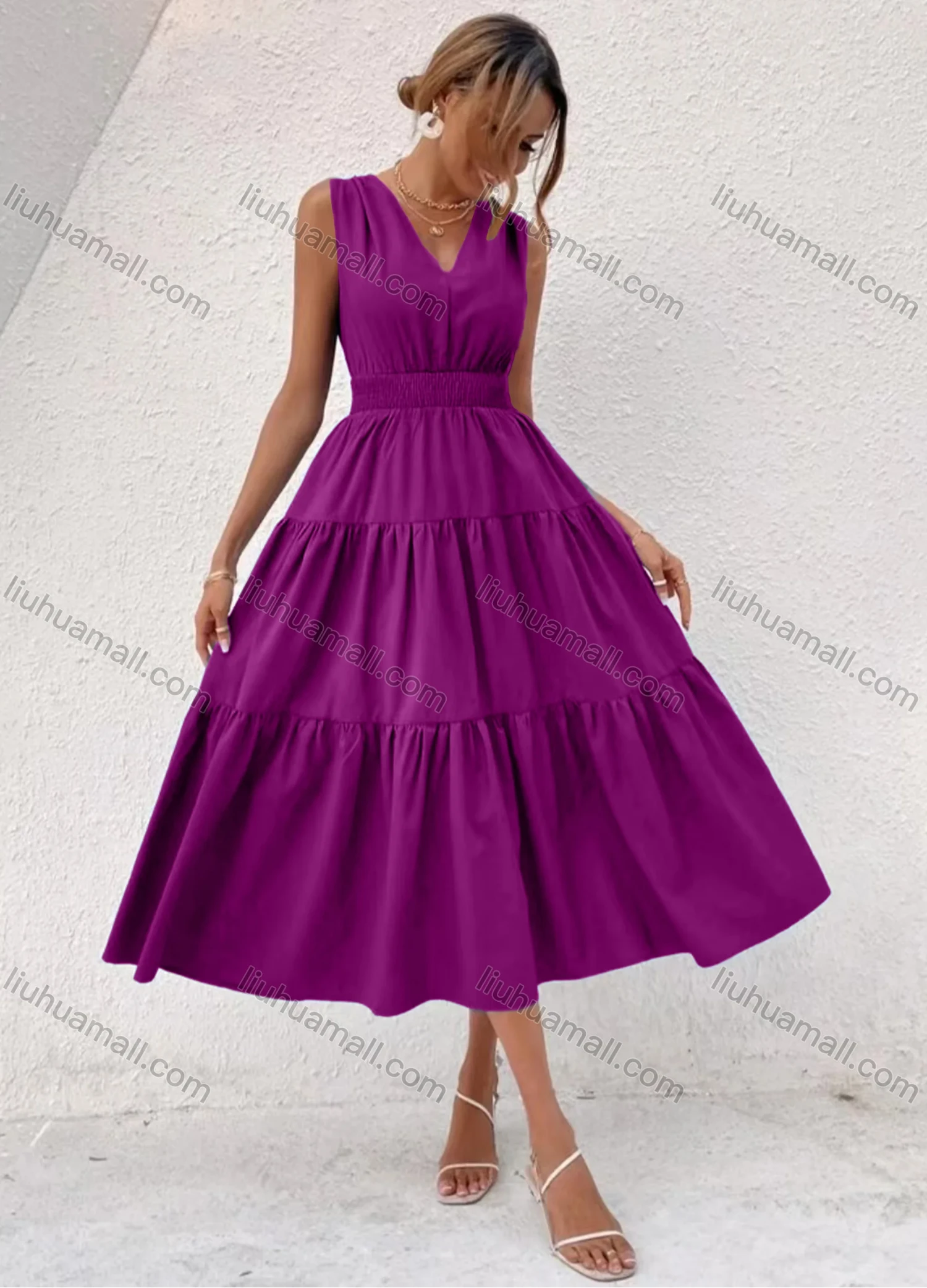 Wholesale Women's Casual Plain V Neck Ruched Lace Up Ruffle Hem Midi Tank Dress - Liuhuamall