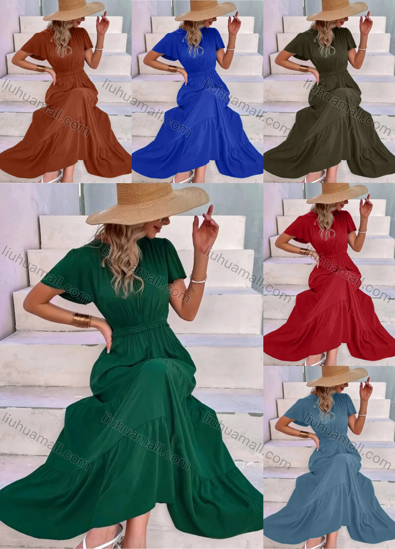 Wholesale Women's Casual Plain Short Sleeve Ruched Tie Neck Maxi Dress - Liuhuamall