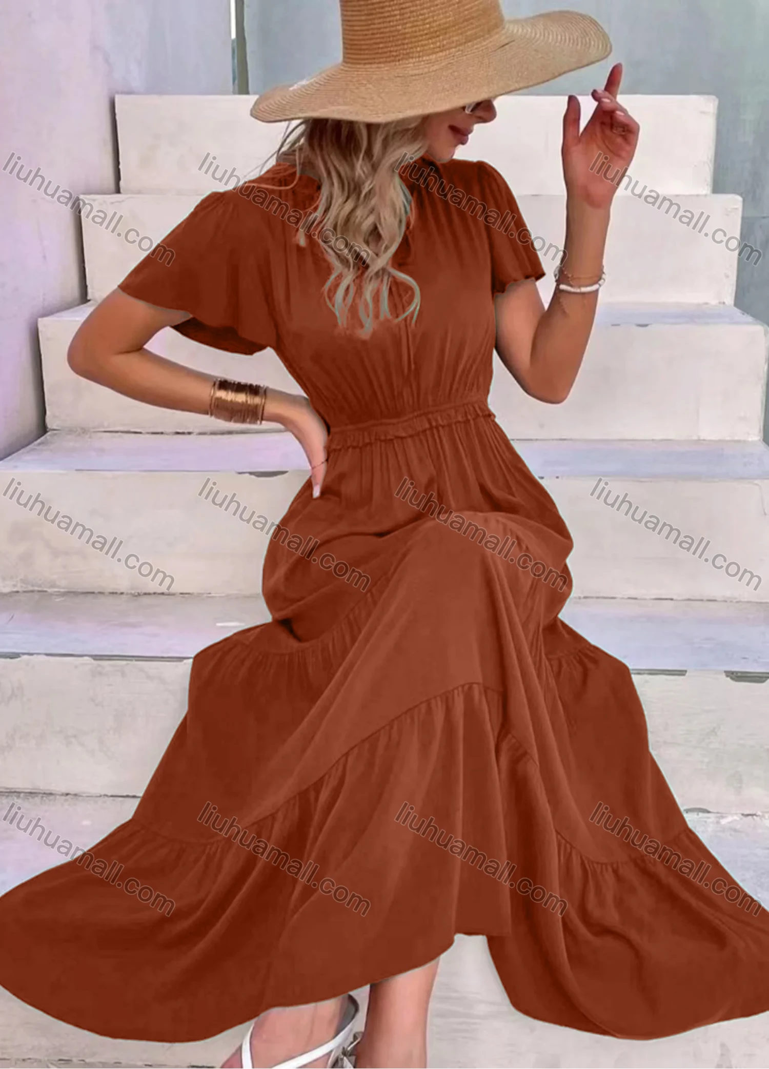 Wholesale Women's Casual Plain Short Sleeve Ruched Tie Neck Maxi Dress - Liuhuamall