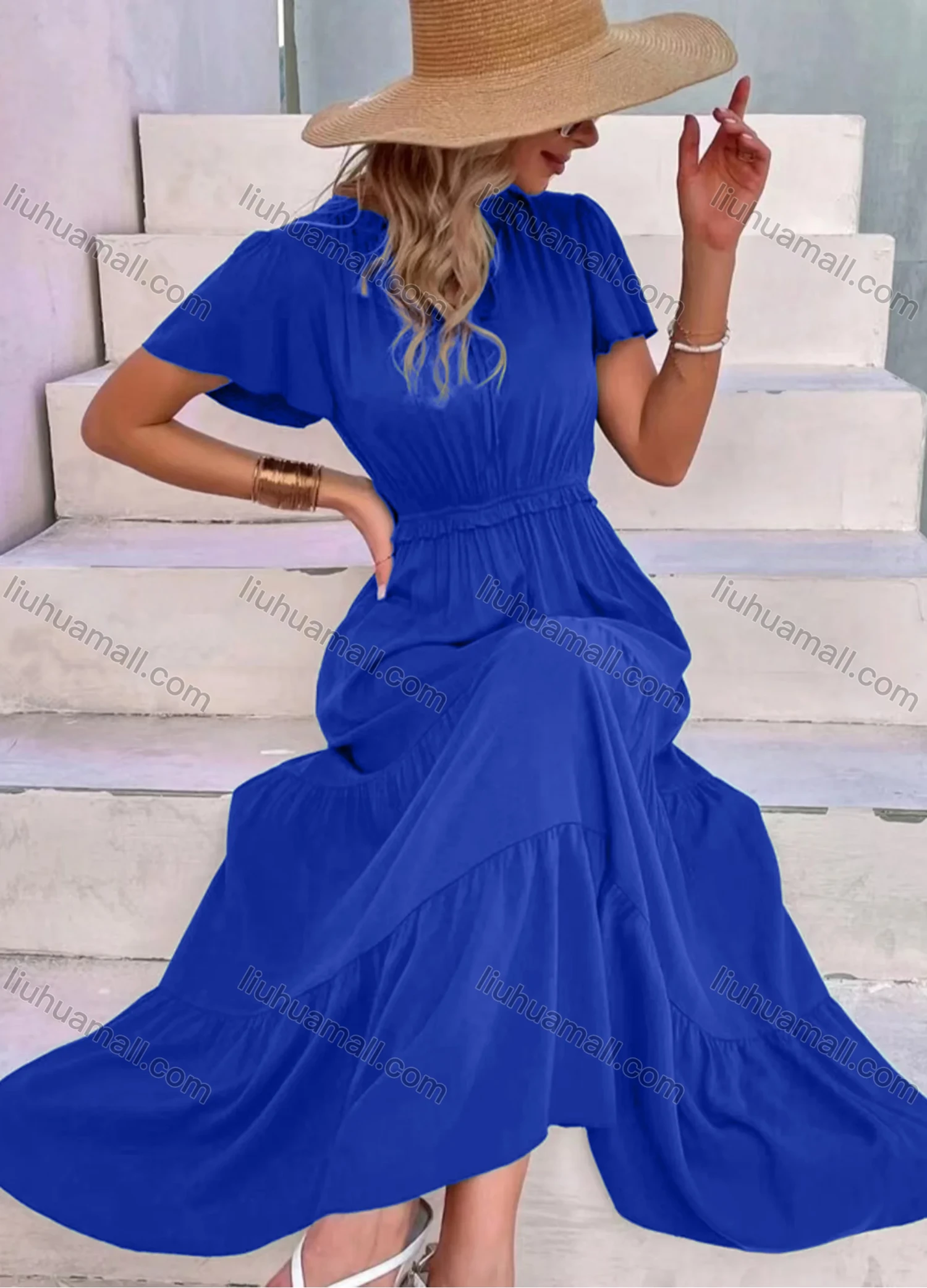 Wholesale Women's Casual Plain Short Sleeve Ruched Tie Neck Maxi Dress - Liuhuamall