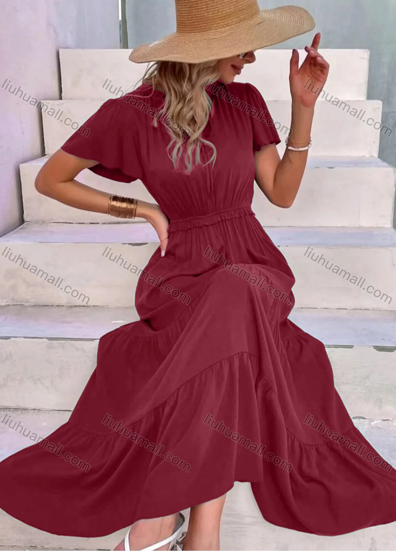 Wholesale Women's Casual Plain Short Sleeve Ruched Tie Neck Maxi Dress - Liuhuamall