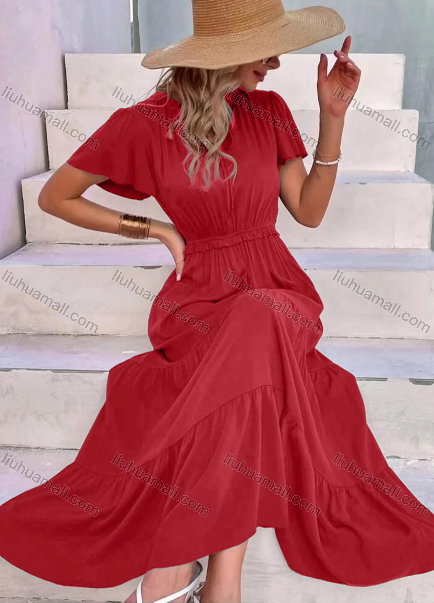 Wholesale Women's Casual Plain Short Sleeve Ruched Tie Neck Maxi Dress - Liuhuamall