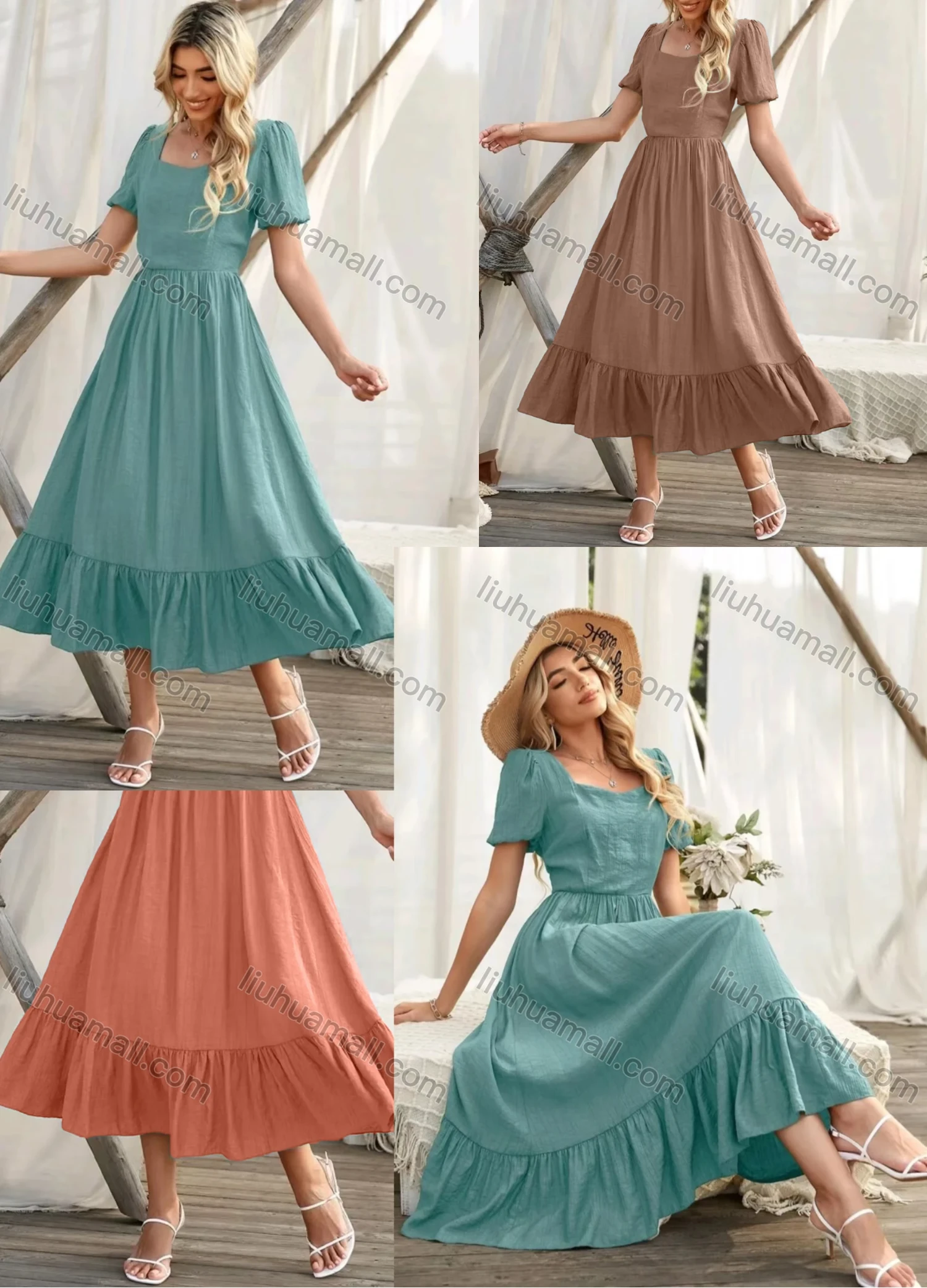 Wholesale Women's Casual Plain Sweetheart Puff Sleeve High Waist Ruffle Hem Midi Dress - Liuhuamall