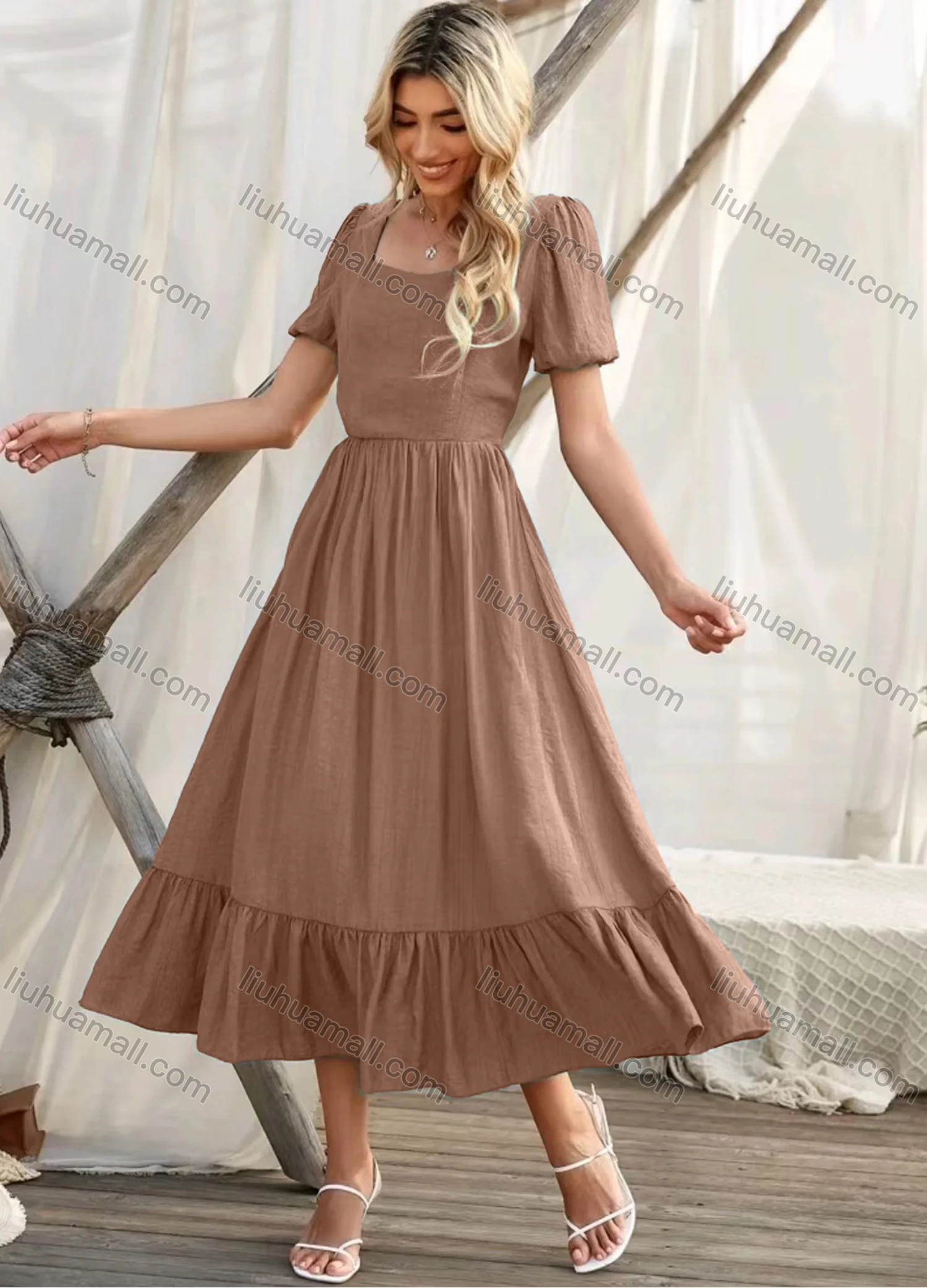 Wholesale Women's Casual Plain Sweetheart Puff Sleeve High Waist Ruffle Hem Midi Dress - Liuhuamall