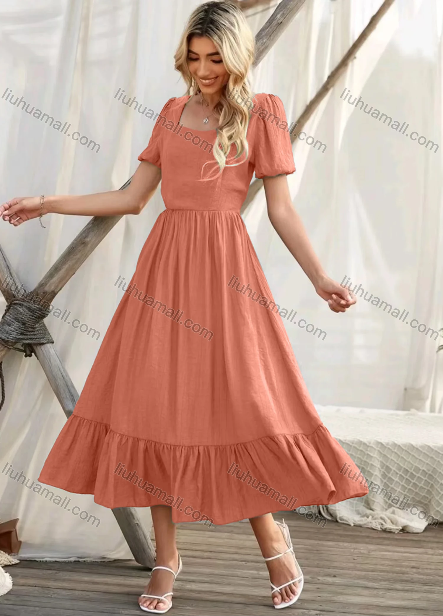 Wholesale Women's Casual Plain Sweetheart Puff Sleeve High Waist Ruffle Hem Midi Dress - Liuhuamall