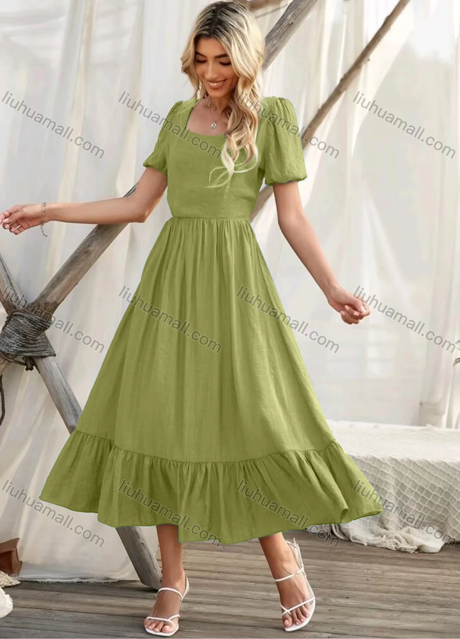 Wholesale Women's Casual Plain Sweetheart Puff Sleeve High Waist Ruffle Hem Midi Dress - Liuhuamall