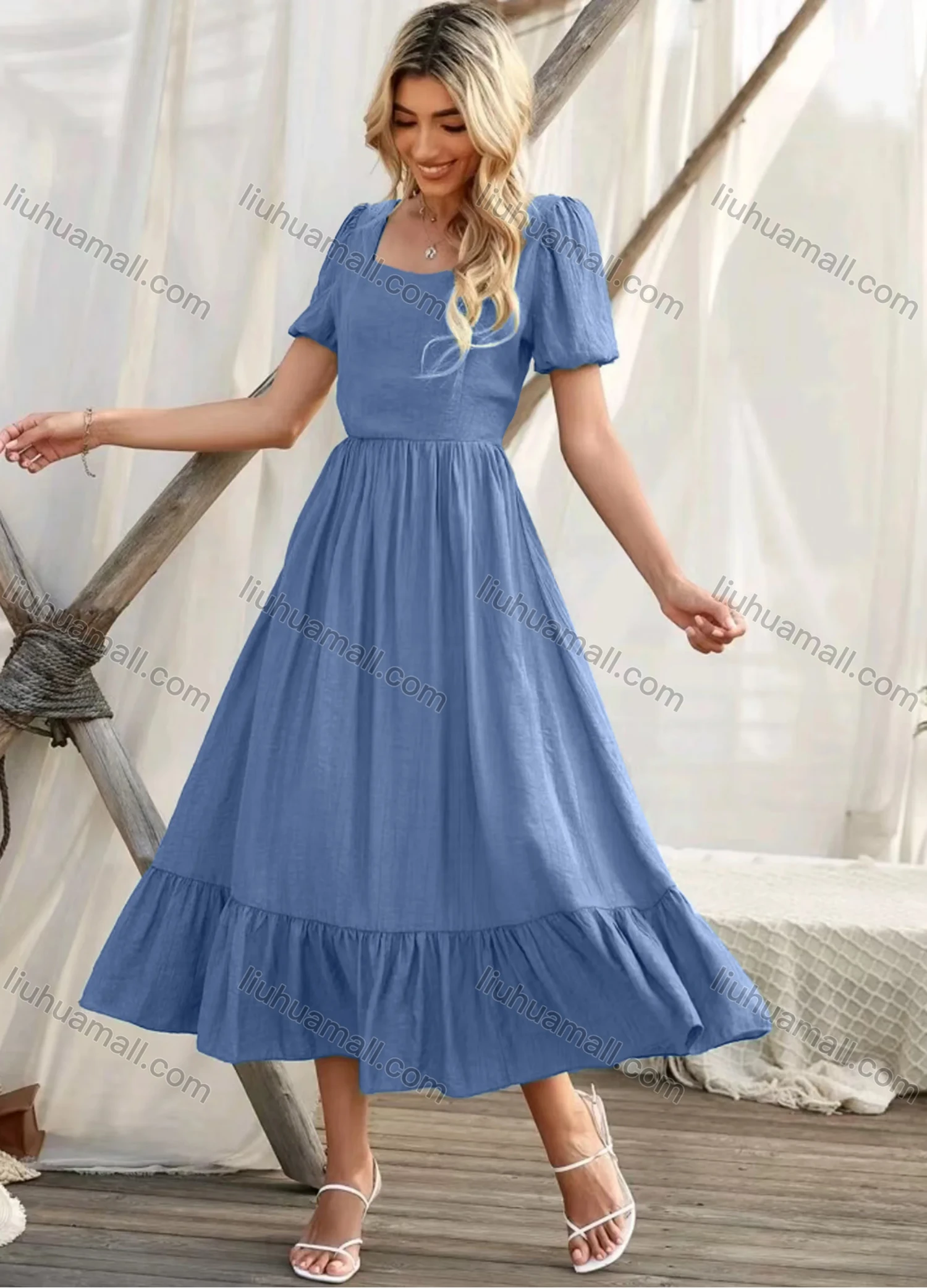 Wholesale Women's Casual Plain Sweetheart Puff Sleeve High Waist Ruffle Hem Midi Dress - Liuhuamall