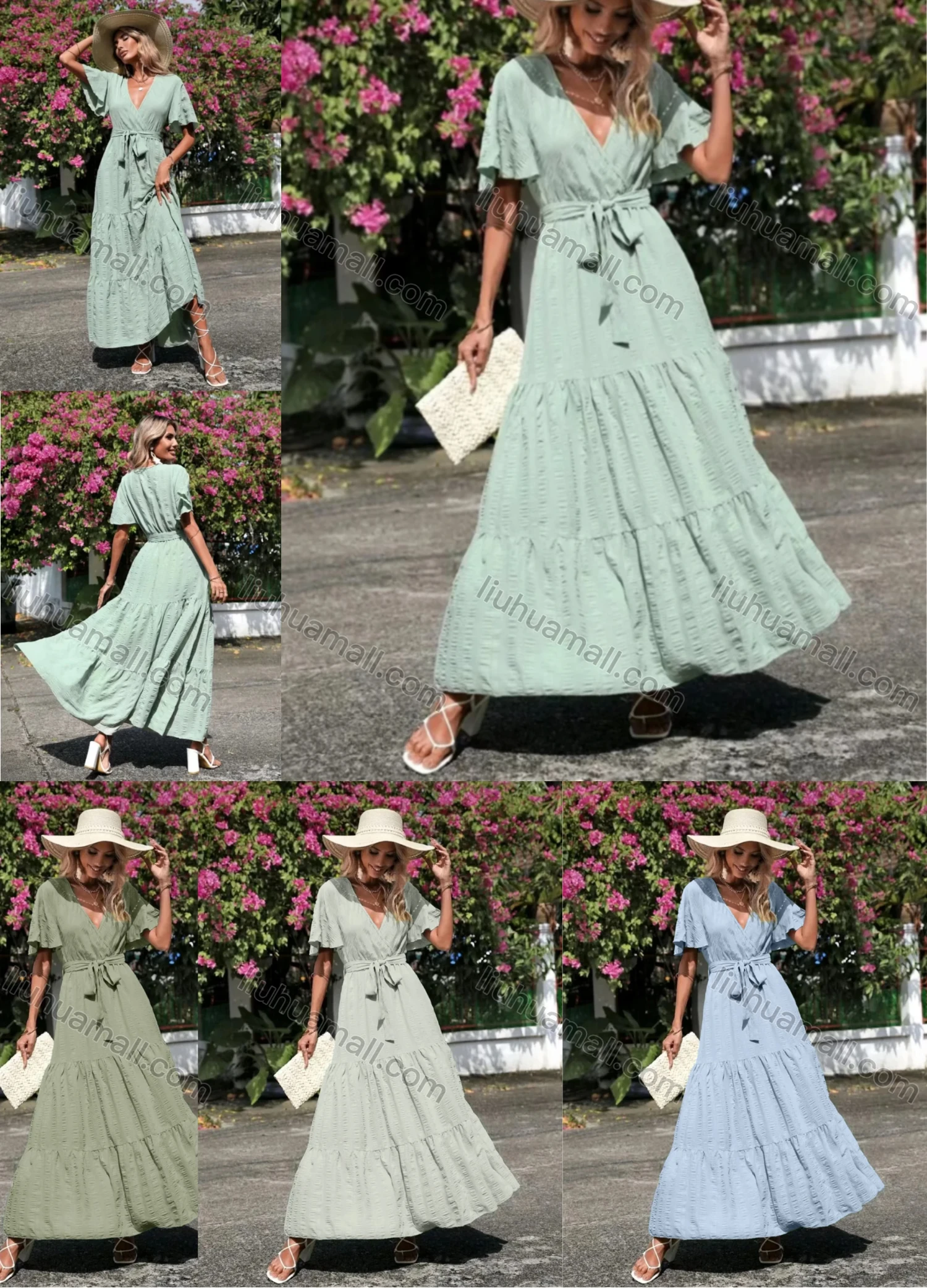 Wholesale Women's Casual Plain Wrap V Neck Ruffle Sleeve Ruffle Hem Maxi Dress With Belt - Liuhuamall