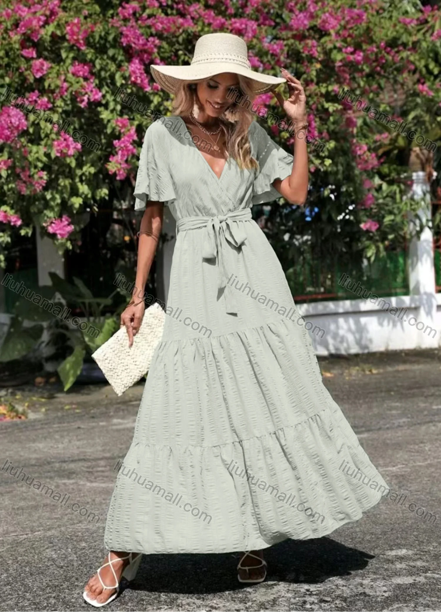 Wholesale Women's Casual Plain Wrap V Neck Ruffle Sleeve Ruffle Hem Maxi Dress With Belt - Liuhuamall