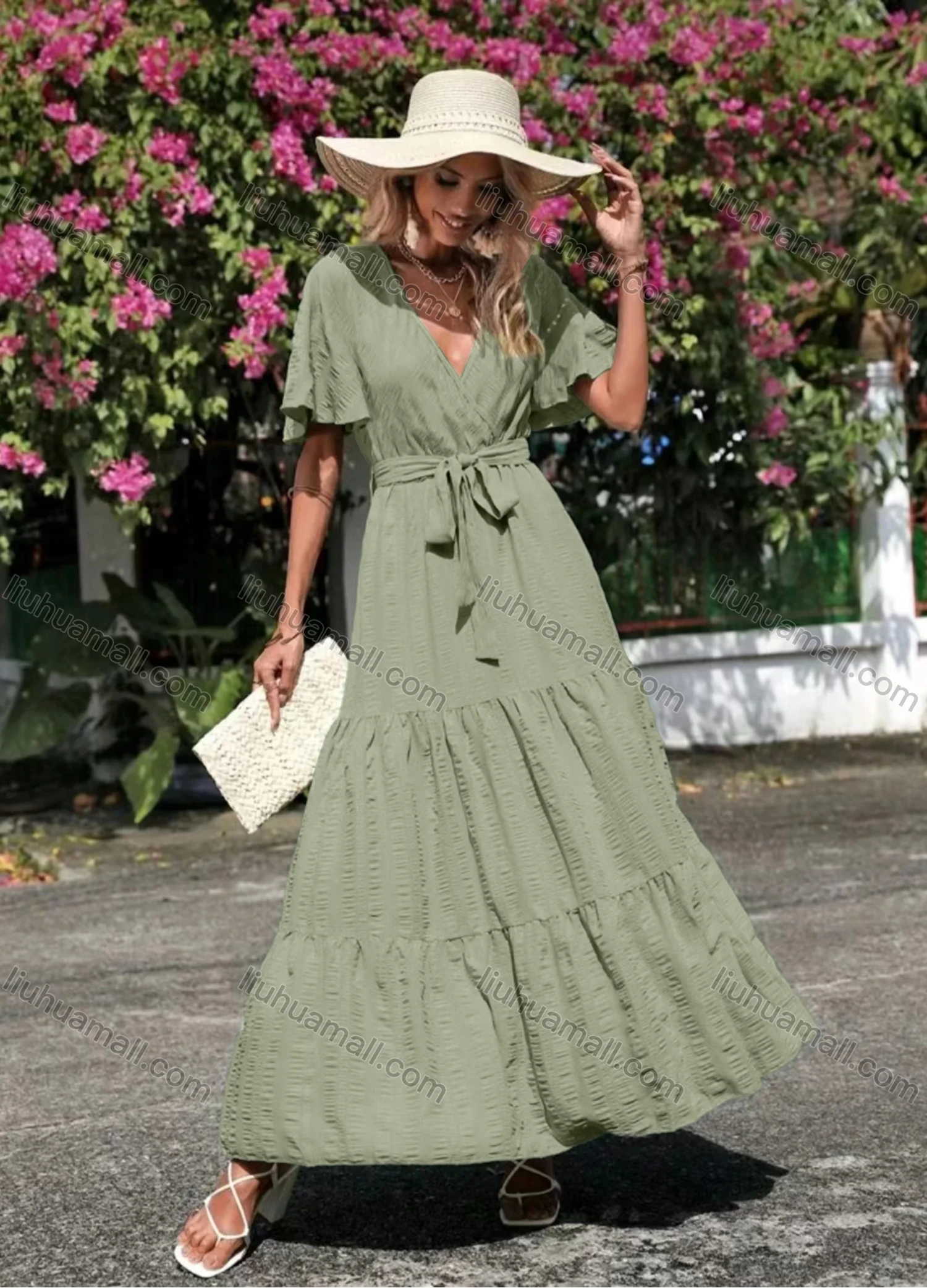 Wholesale Women's Casual Plain Wrap V Neck Ruffle Sleeve Ruffle Hem Maxi Dress With Belt - Liuhuamall