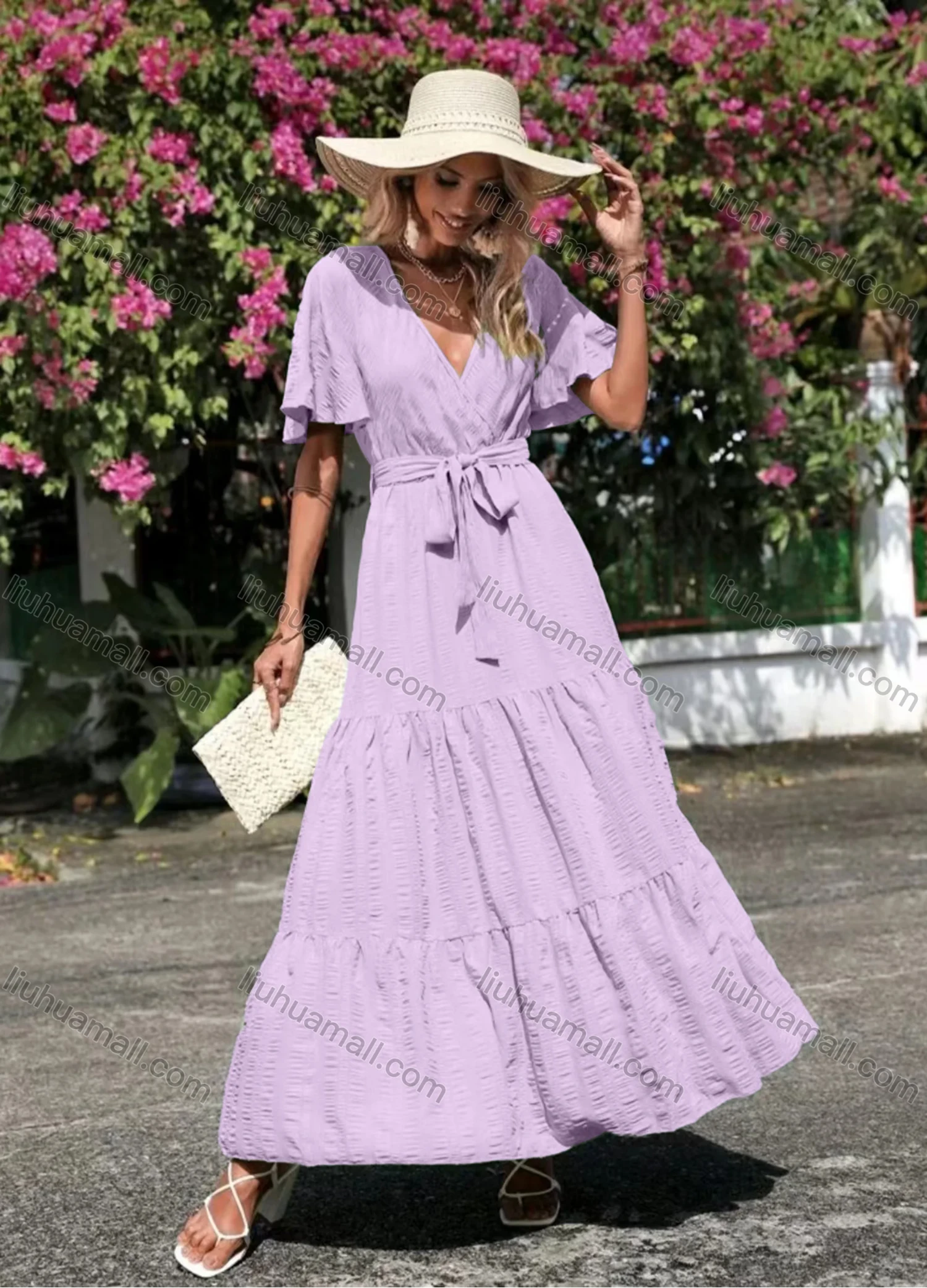 Wholesale Women's Casual Plain Wrap V Neck Ruffle Sleeve Ruffle Hem Maxi Dress With Belt - Liuhuamall