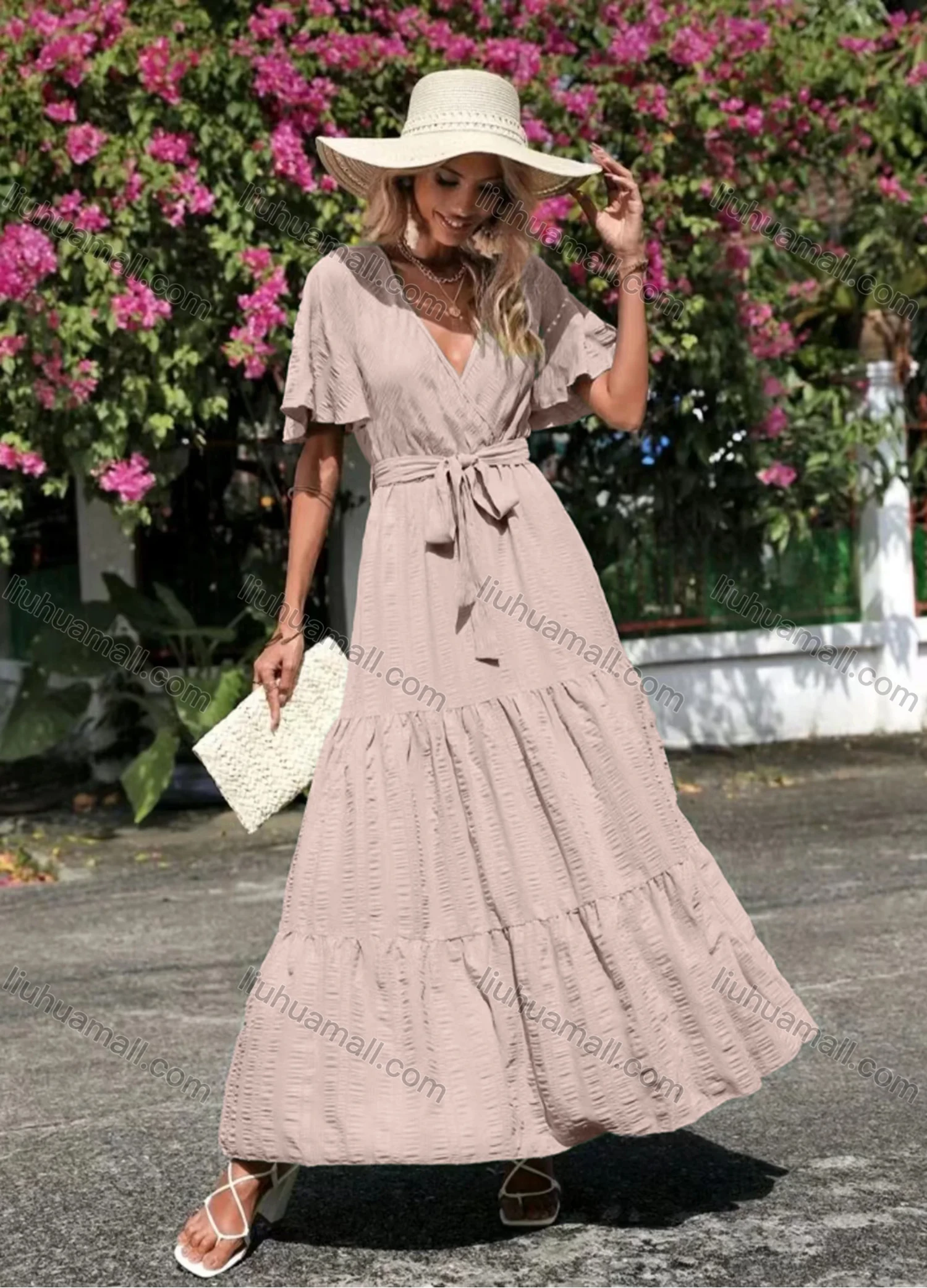 Wholesale Women's Casual Plain Wrap V Neck Ruffle Sleeve Ruffle Hem Maxi Dress With Belt - Liuhuamall