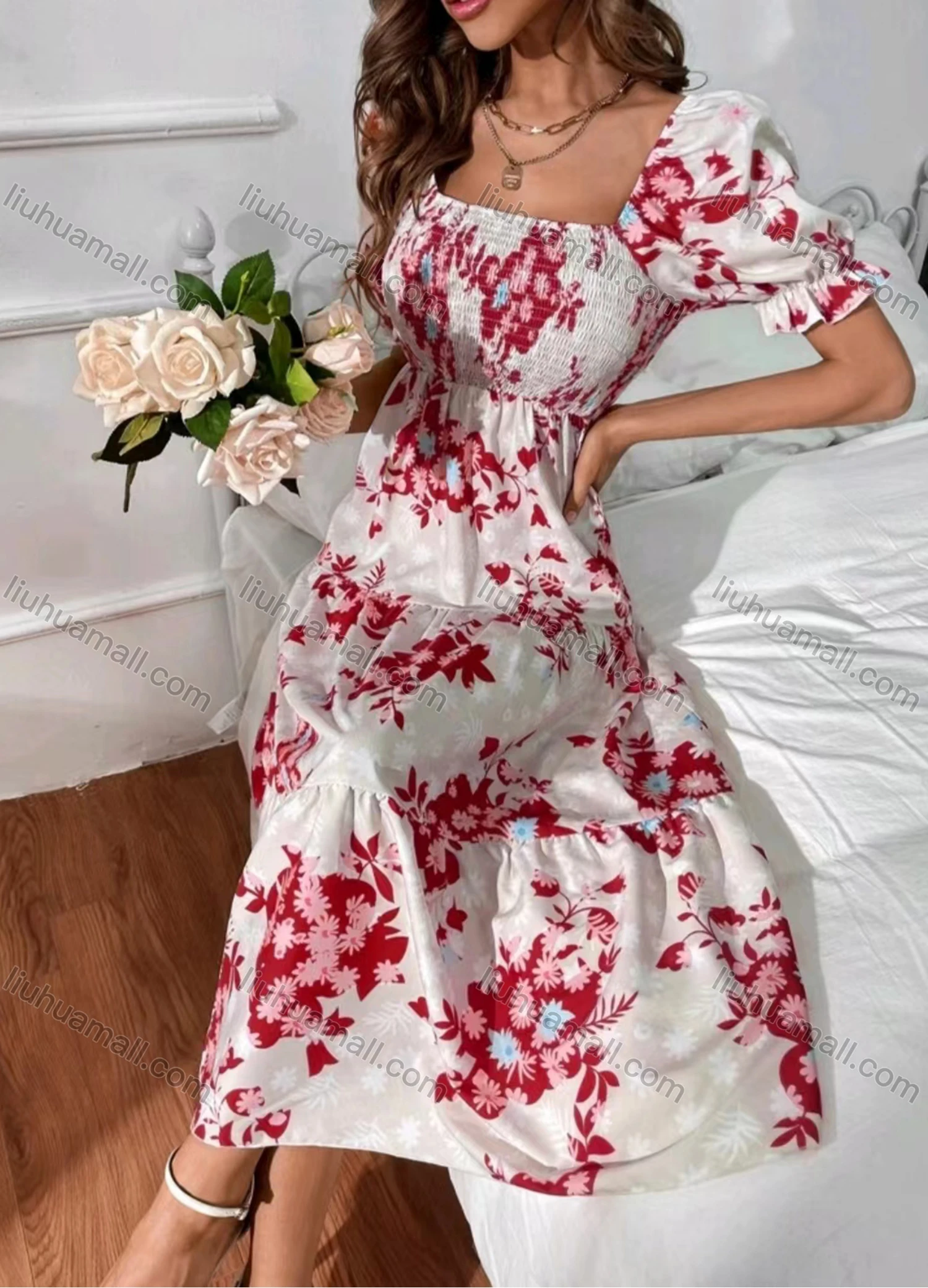 Wholesale Women's Casual Floral Print Bateau Neck Short Sleeve Shirred Ruched Midi Dress - Liuhuamall