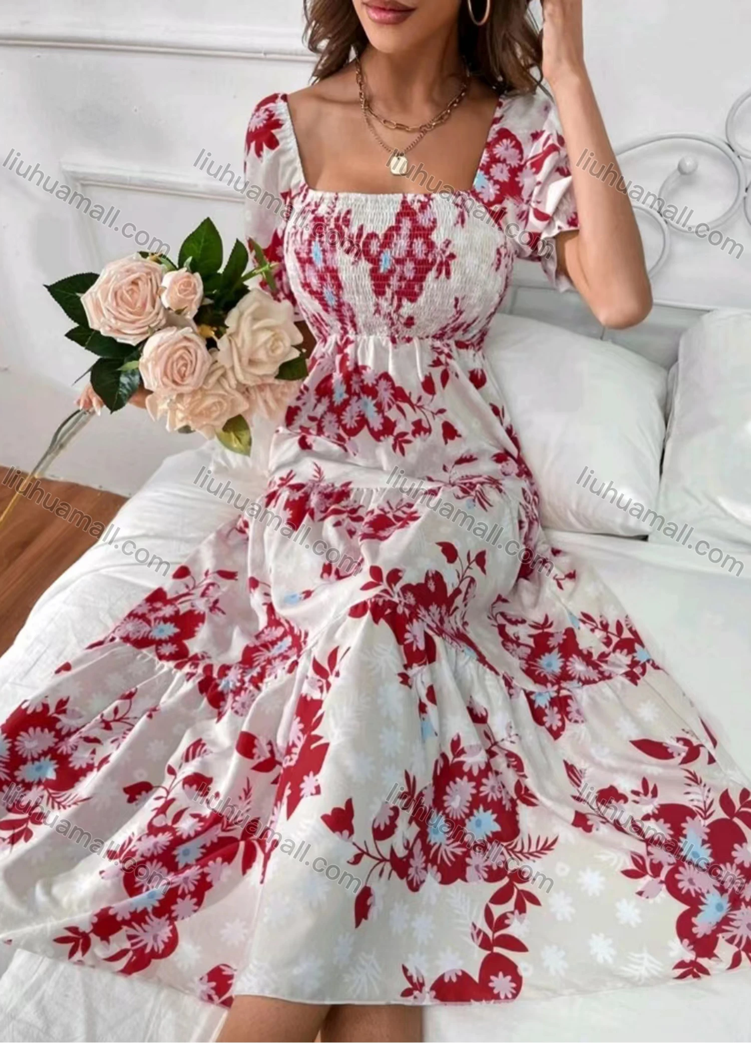 Wholesale Women's Casual Floral Print Bateau Neck Short Sleeve Shirred Ruched Midi Dress - Liuhuamall