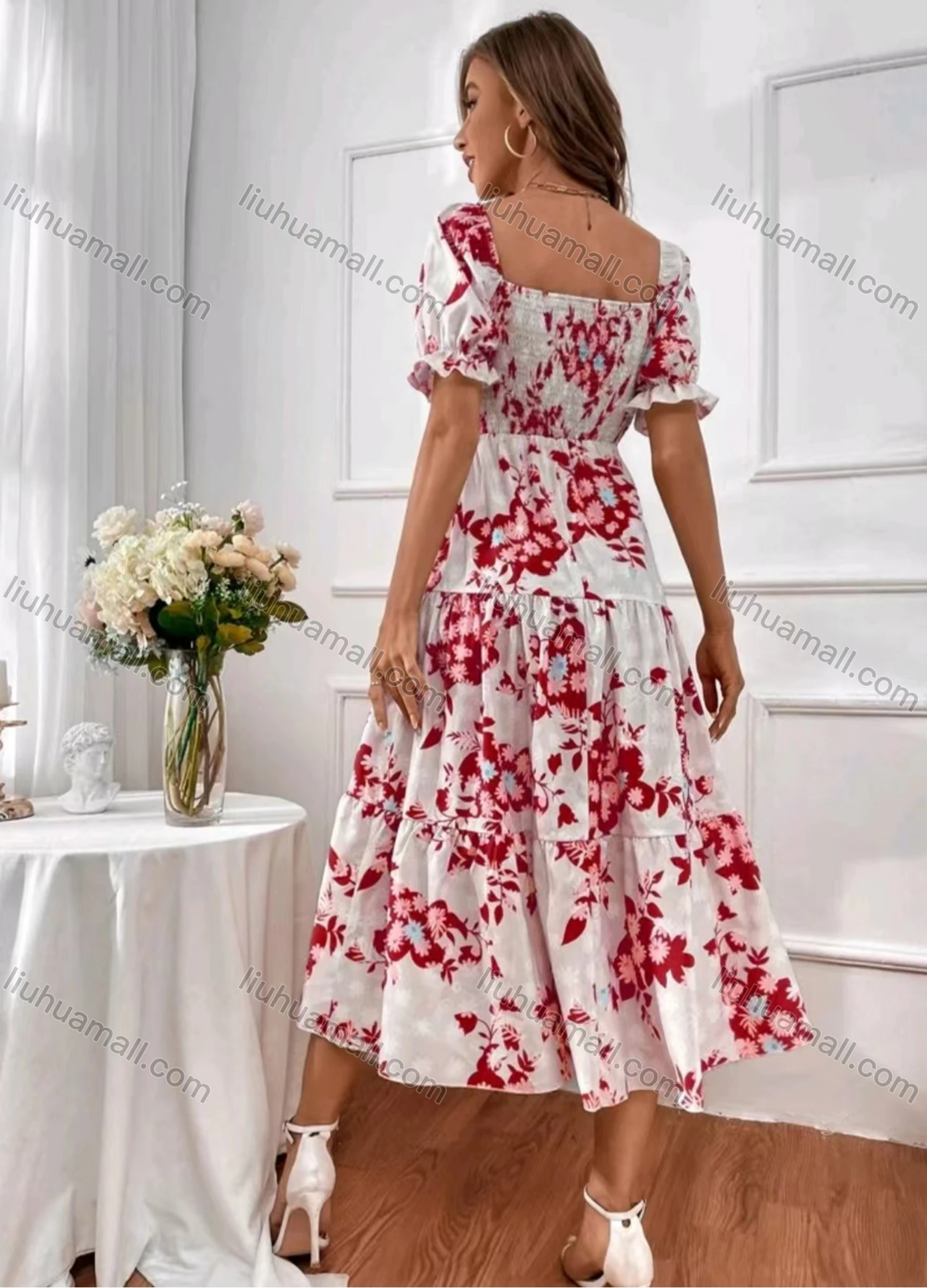 Wholesale Women's Casual Floral Print Bateau Neck Short Sleeve Shirred Ruched Midi Dress - Liuhuamall