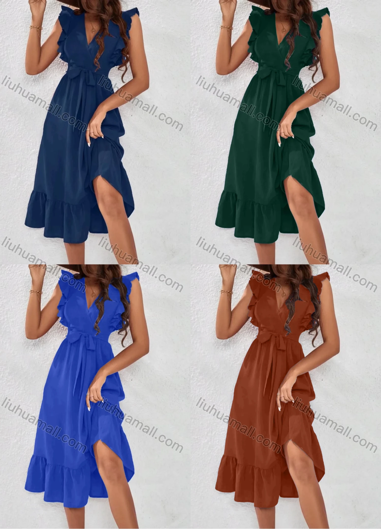 Wholesale Women's Casual Plain V Neck Ruffle Trim Midi Dress With Belt - Liuhuamall