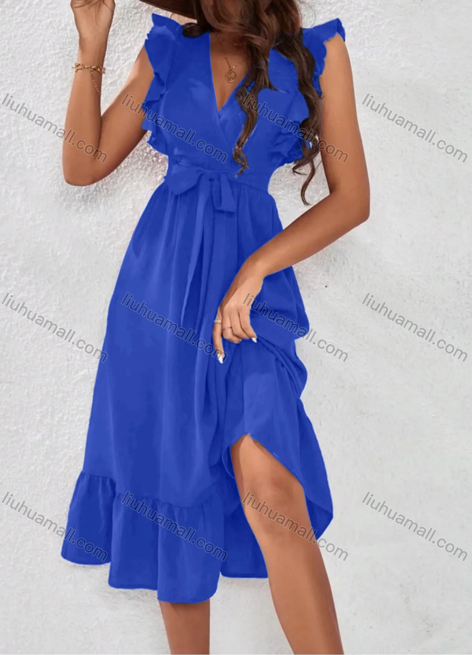 Wholesale Women's Casual Plain V Neck Ruffle Trim Midi Dress With Belt - Liuhuamall