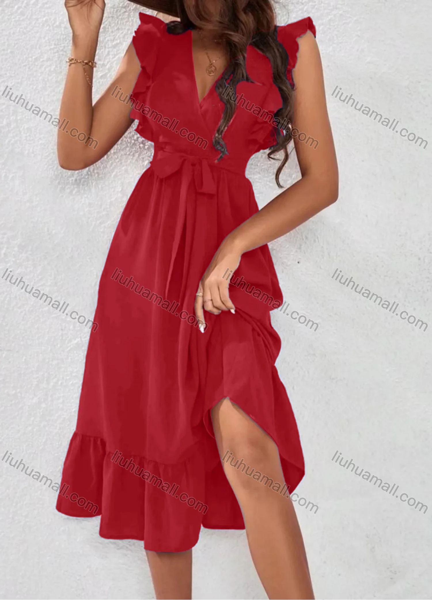 Wholesale Women's Casual Plain V Neck Ruffle Trim Midi Dress With Belt - Liuhuamall