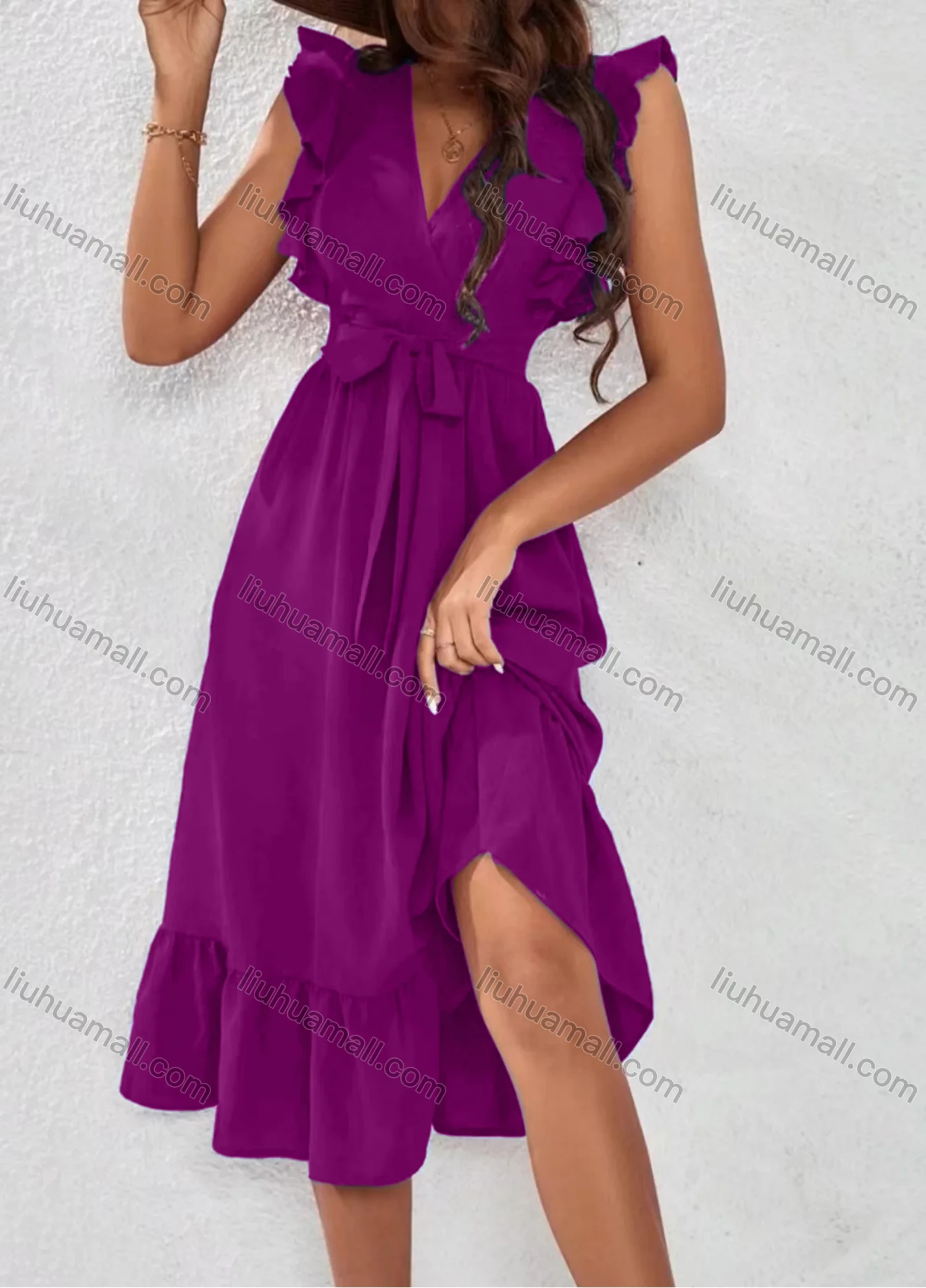 Wholesale Women's Casual Plain V Neck Ruffle Trim Midi Dress With Belt - Liuhuamall