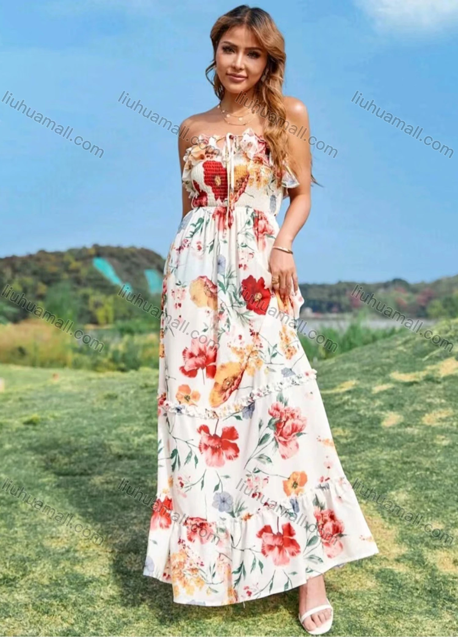 Wholesale Women's Casual Floral Print Strapless Lace Up Shirred Ruffle Trim Maxi Dress - Liuhuamall