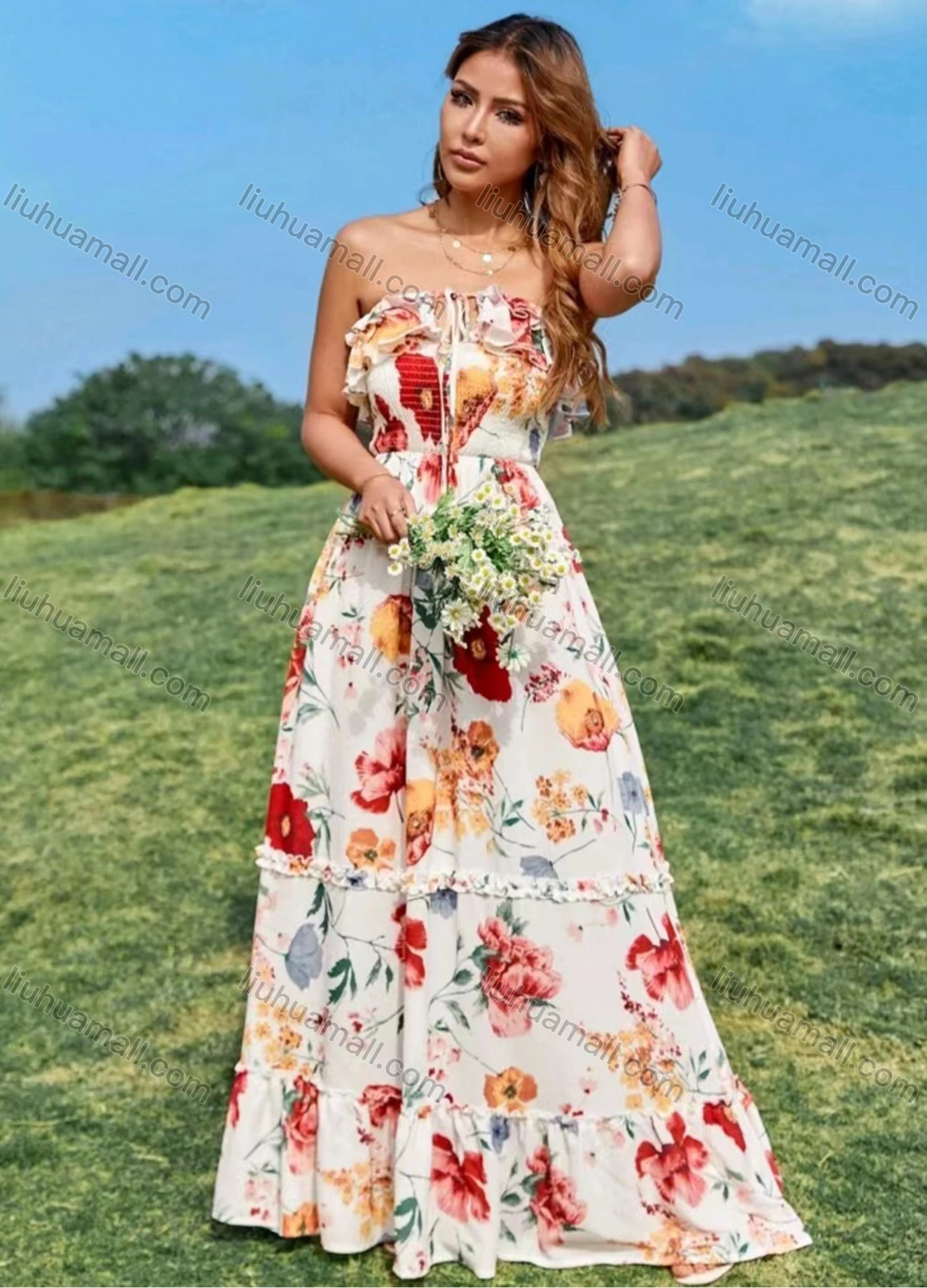 Wholesale Women's Casual Floral Print Strapless Lace Up Shirred Ruffle Trim Maxi Dress - Liuhuamall