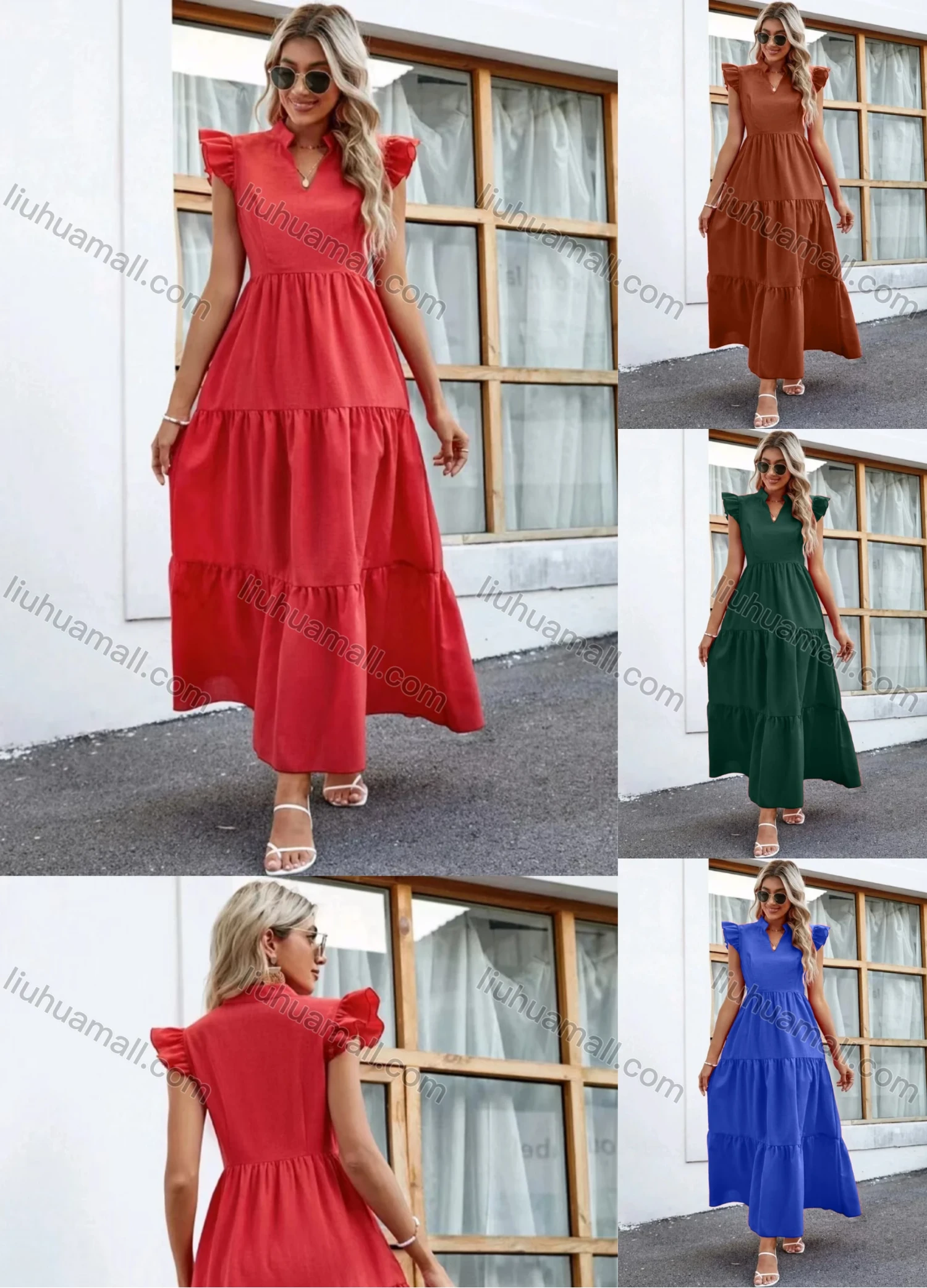 Wholesale Women's Casual Plain Notched Neck Ruched Ruffle Sleeve Maxi Dress - Liuhuamall