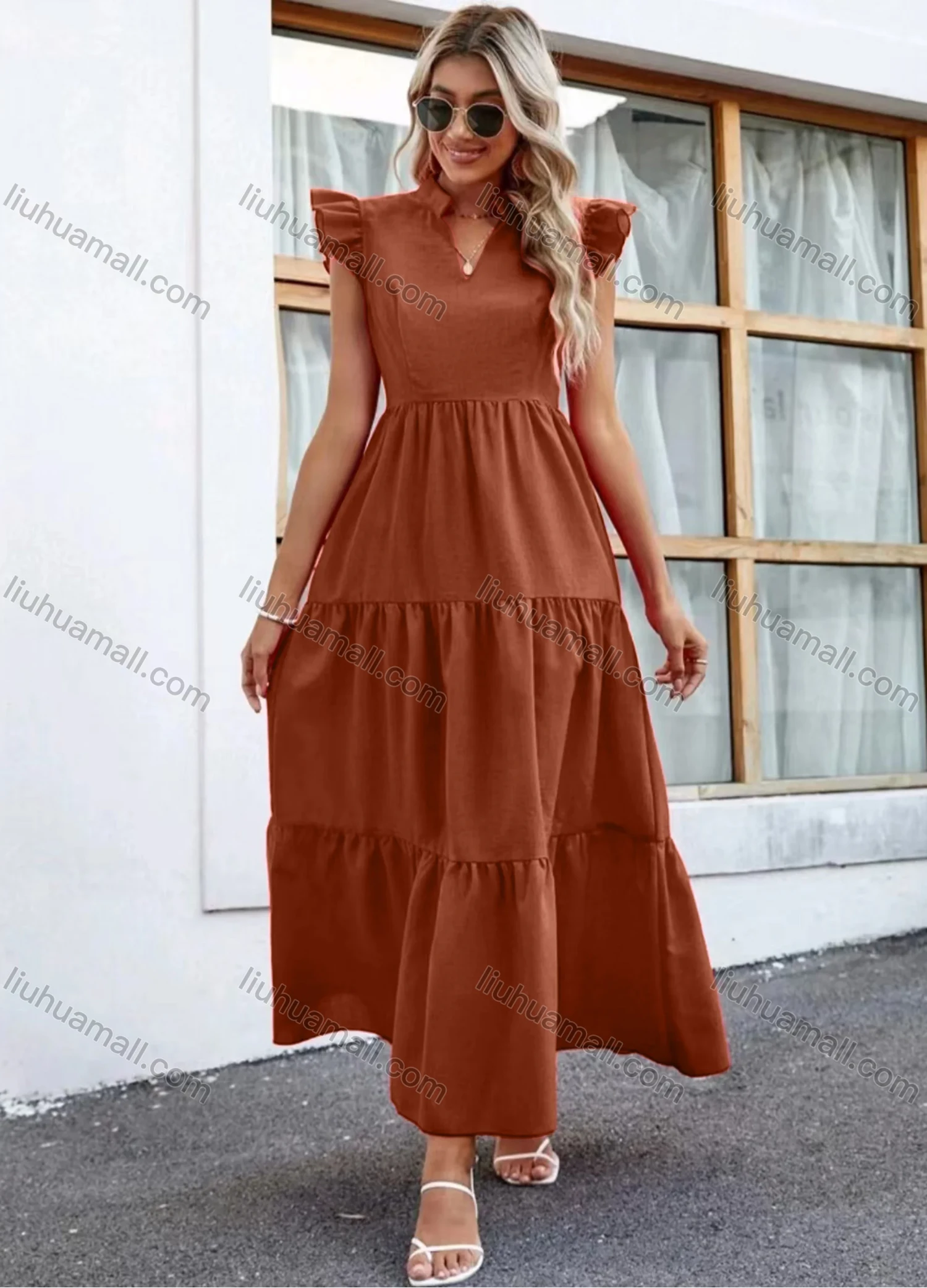 Wholesale Women's Casual Plain Notched Neck Ruched Ruffle Sleeve Maxi Dress - Liuhuamall