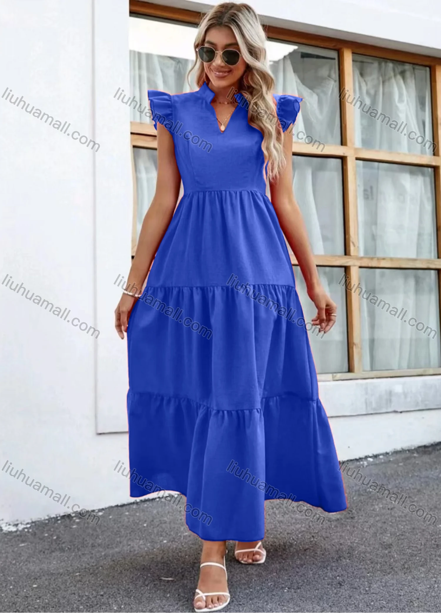 Wholesale Women's Casual Plain Notched Neck Ruched Ruffle Sleeve Maxi Dress - Liuhuamall