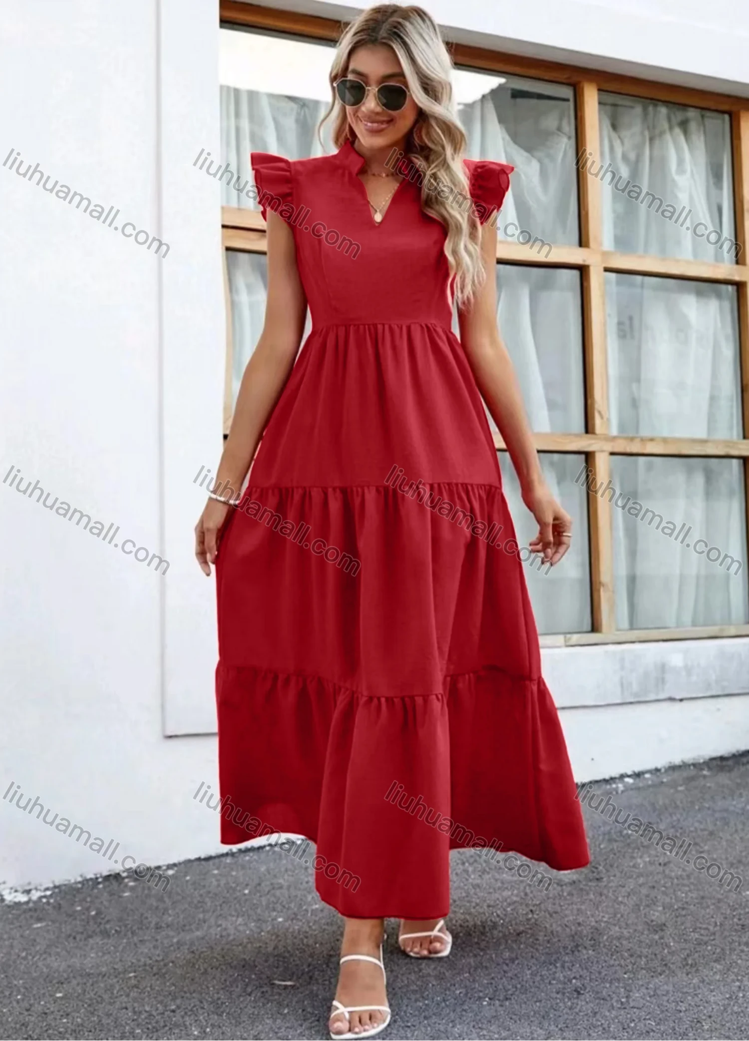 Wholesale Women's Casual Plain Notched Neck Ruched Ruffle Sleeve Maxi Dress - Liuhuamall