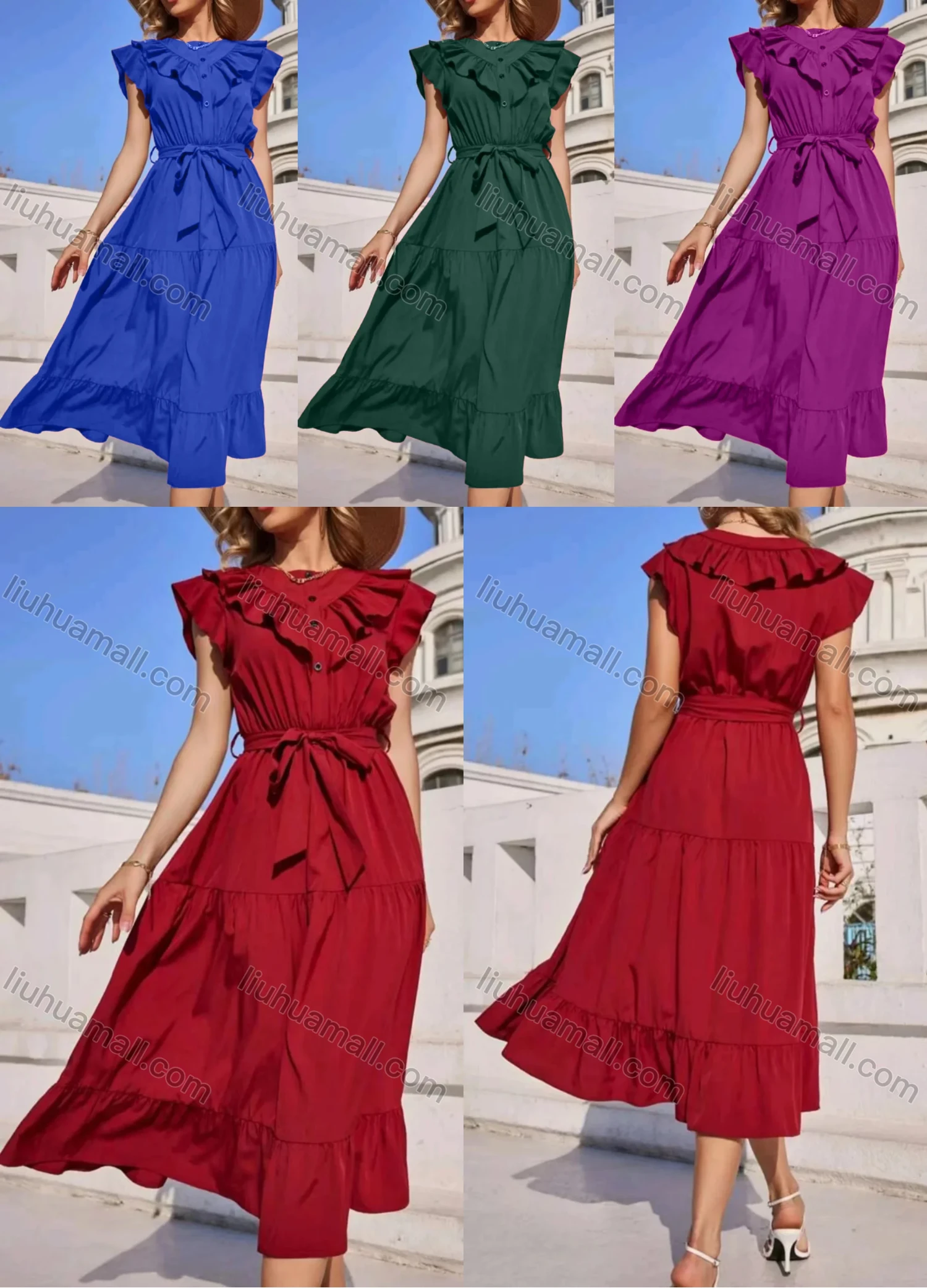 Wholesale Women's Casual Plain Button Front Ruffle Trim Midi Dress With Belt - Liuhuamall