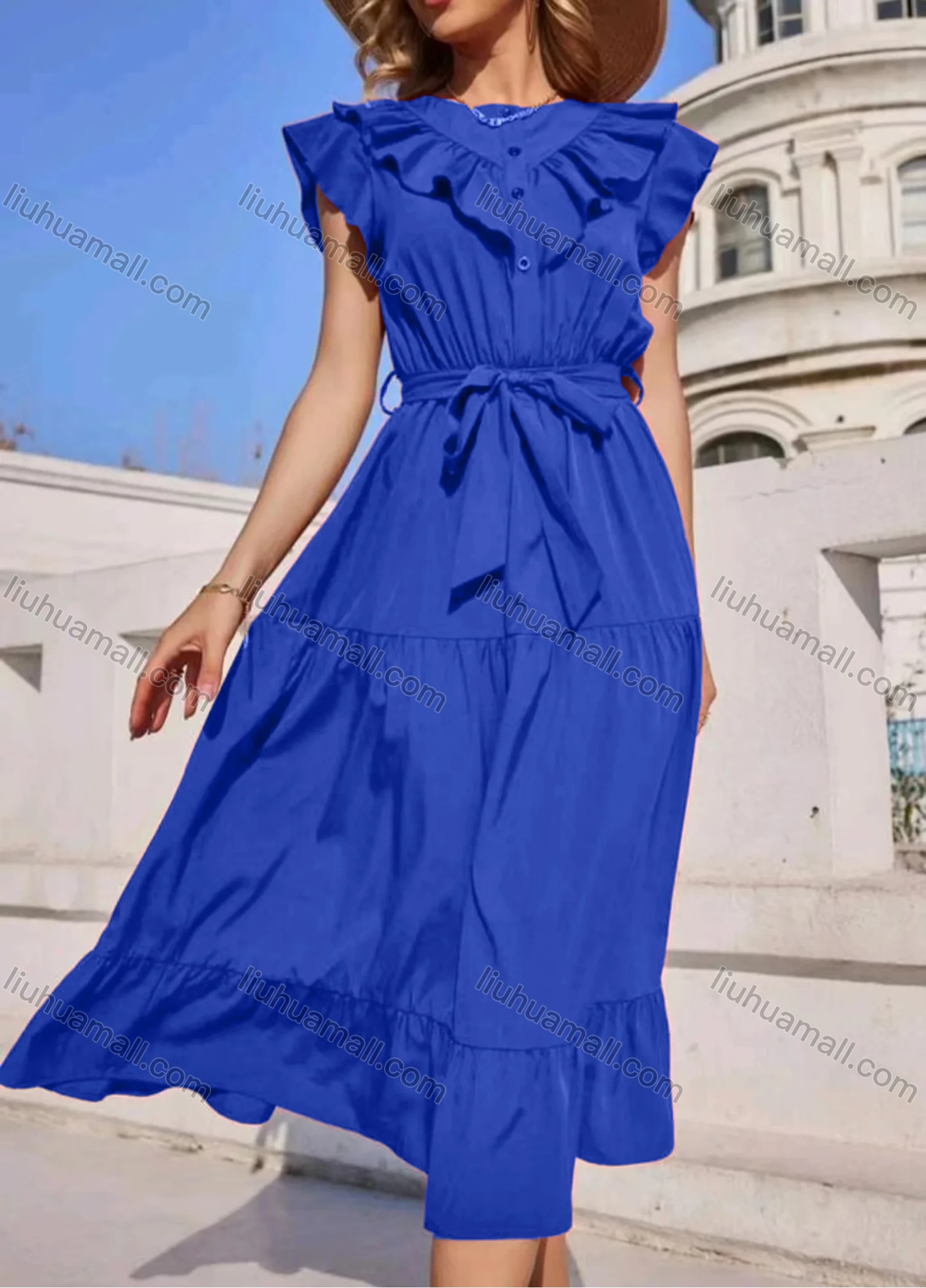 Wholesale Women's Casual Plain Button Front Ruffle Trim Midi Dress With Belt - Liuhuamall