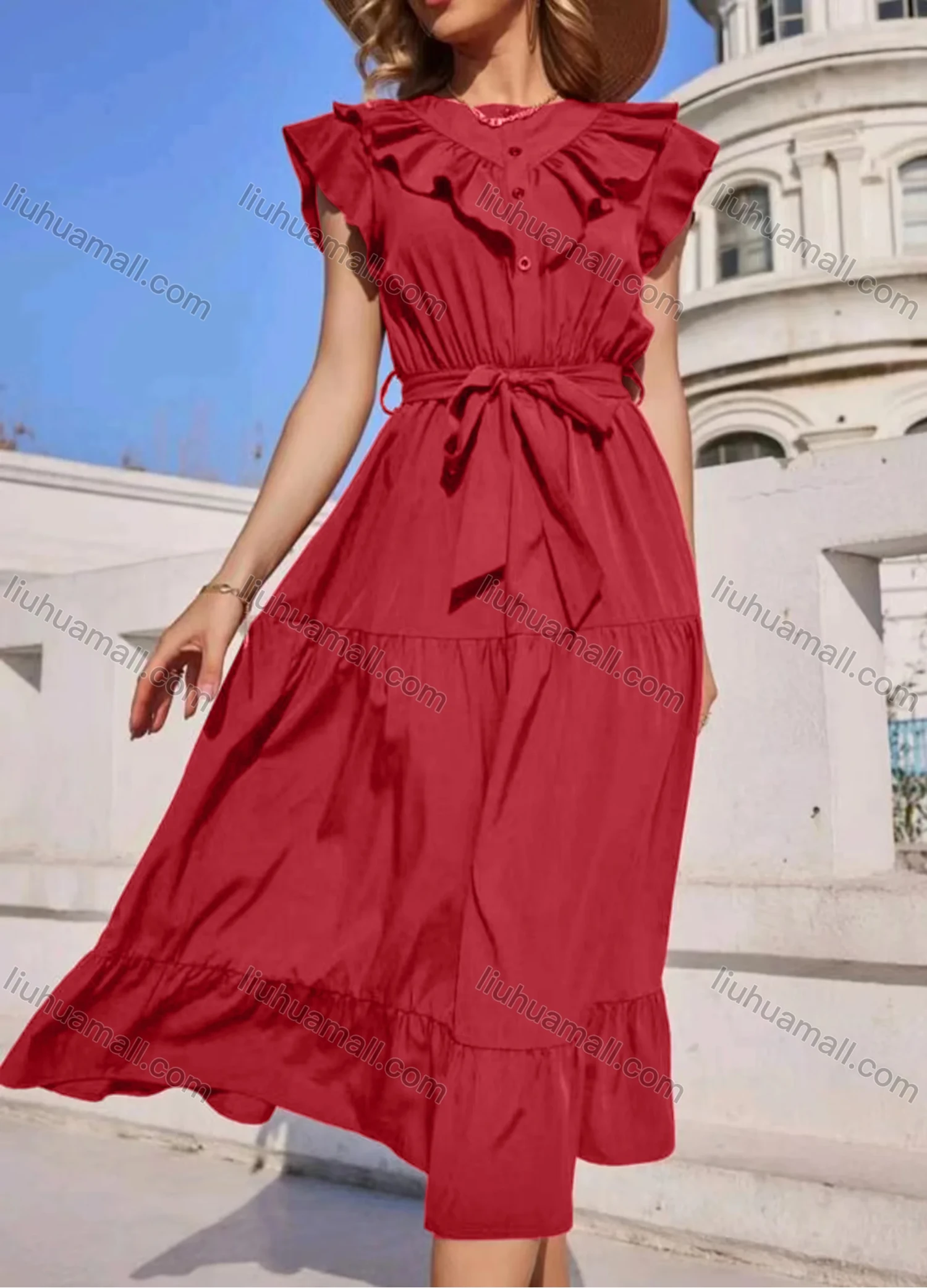 Wholesale Women's Casual Plain Button Front Ruffle Trim Midi Dress With Belt - Liuhuamall