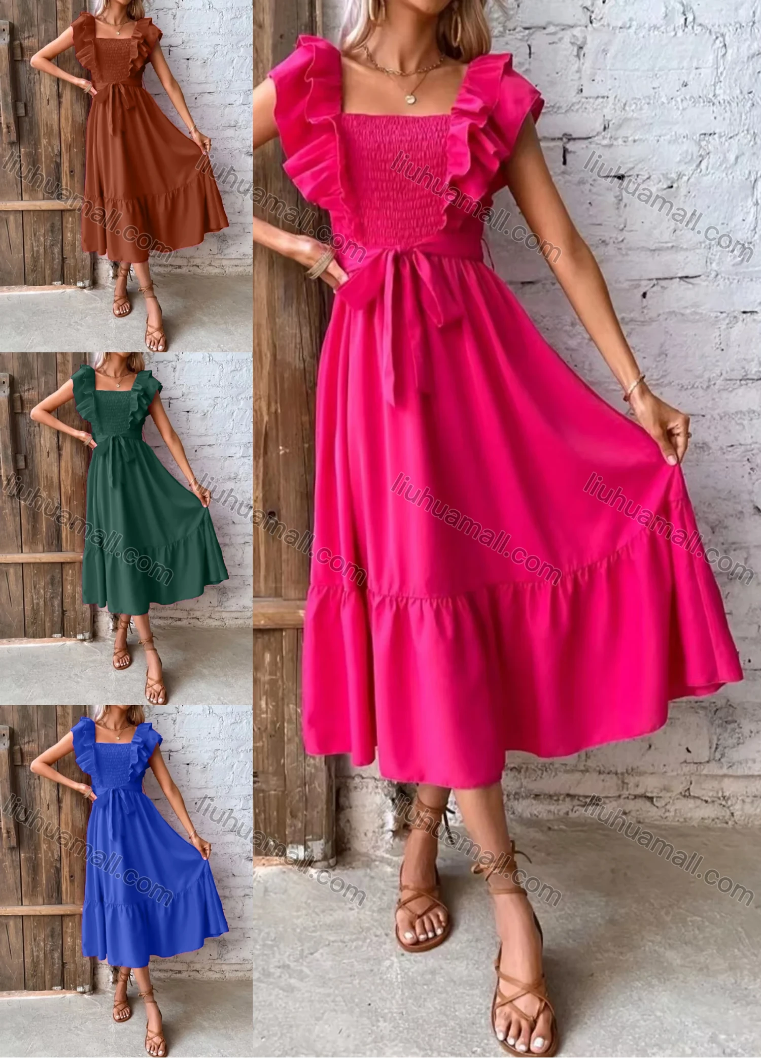 Wholesale Women's Casual Plain Square Neck Shirred Ruffle Trim Midi Dress With Belt - Liuhuamall