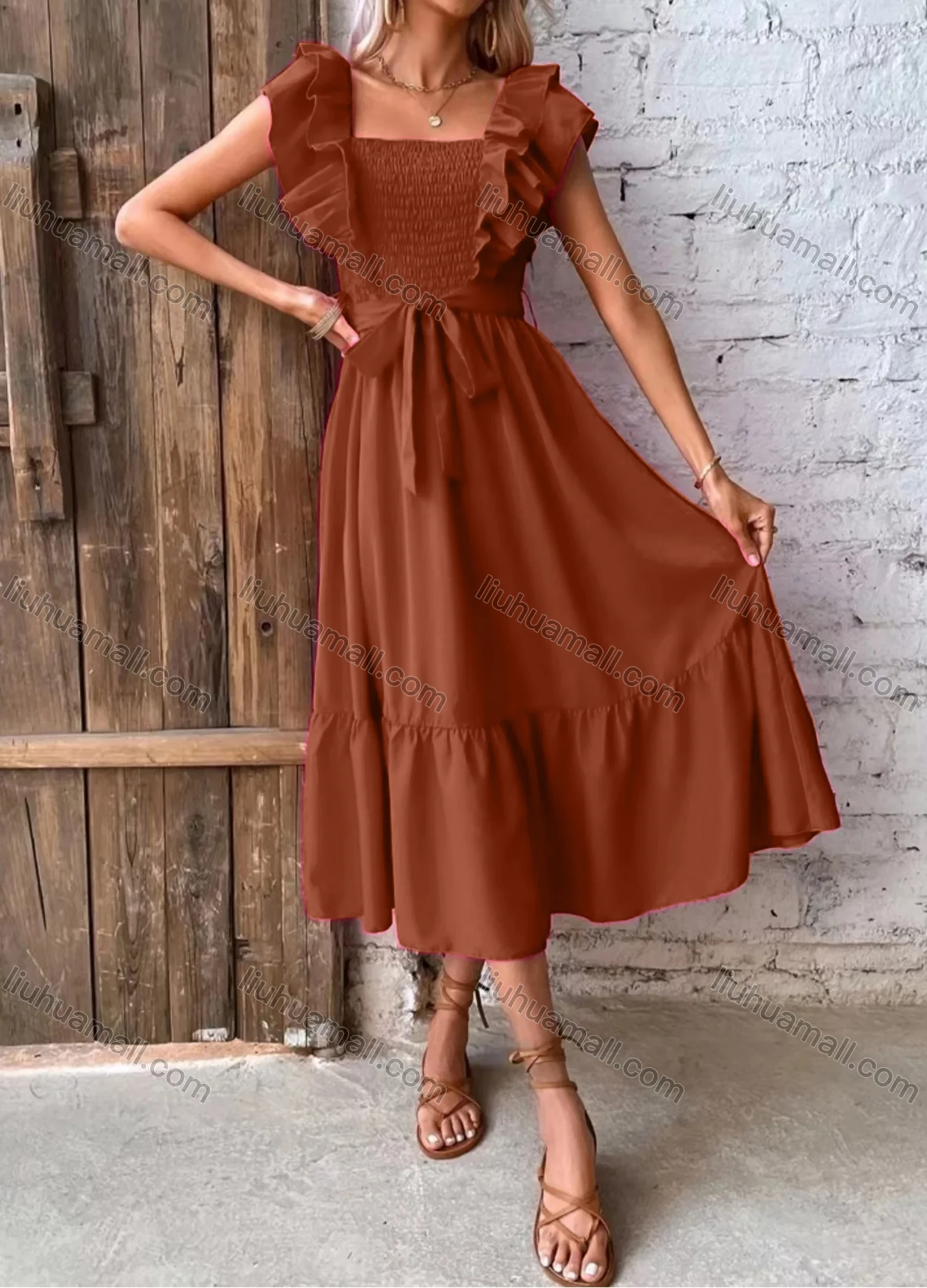 Wholesale Women's Casual Plain Square Neck Shirred Ruffle Trim Midi Dress With Belt - Liuhuamall