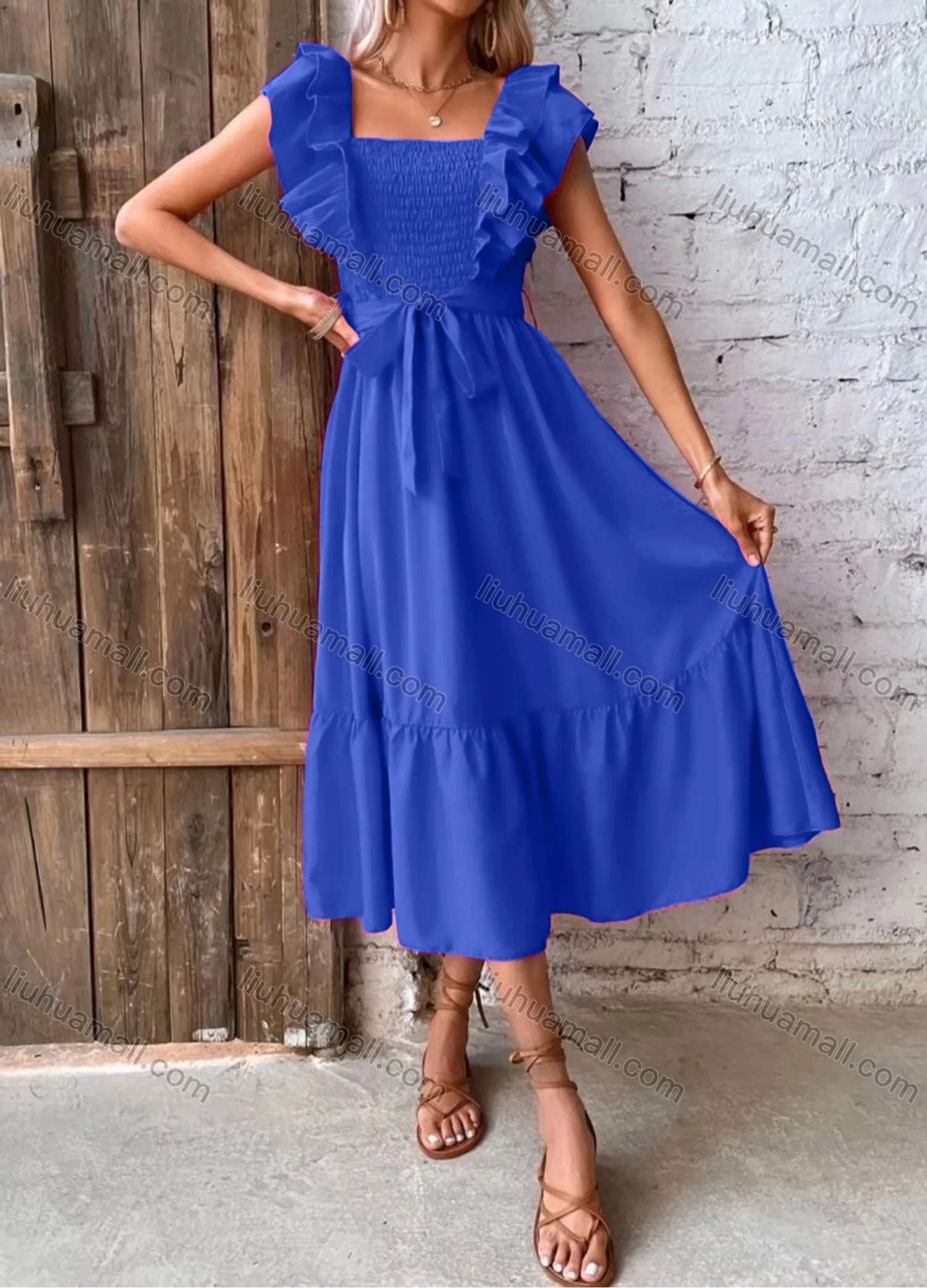 Wholesale Women's Casual Plain Square Neck Shirred Ruffle Trim Midi Dress With Belt - Liuhuamall