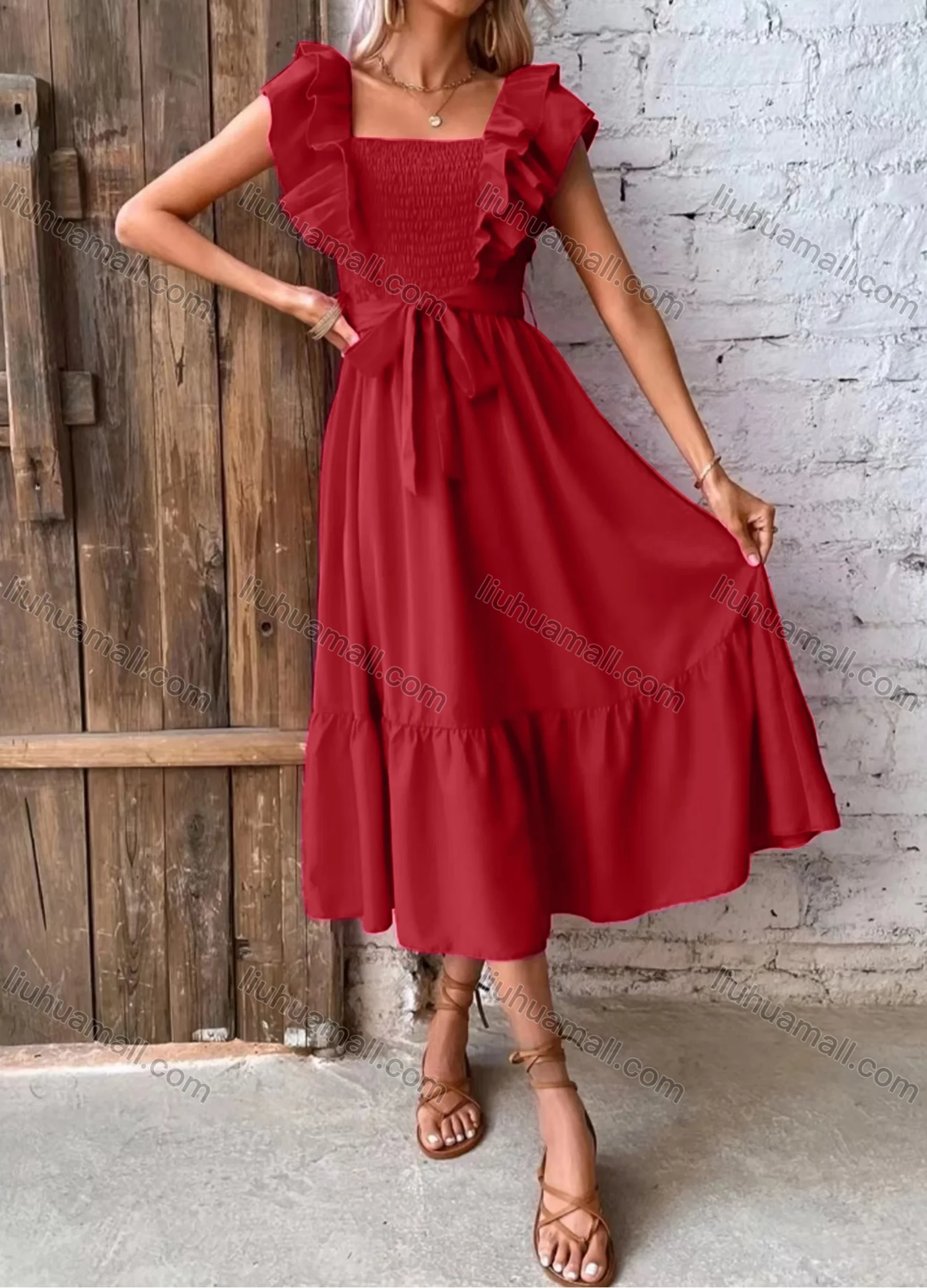 Wholesale Women's Casual Plain Square Neck Shirred Ruffle Trim Midi Dress With Belt - Liuhuamall