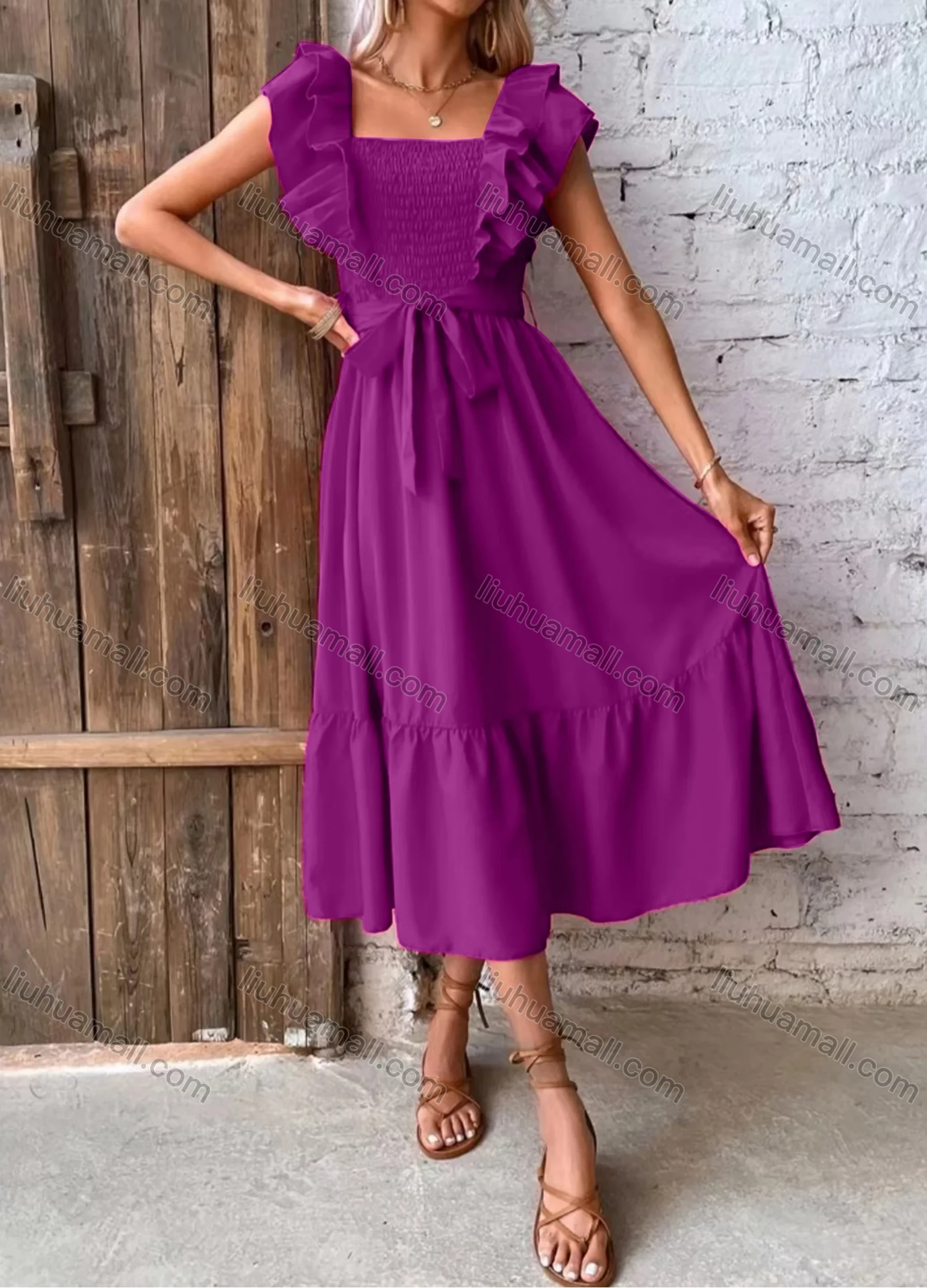 Wholesale Women's Casual Plain Square Neck Shirred Ruffle Trim Midi Dress With Belt - Liuhuamall