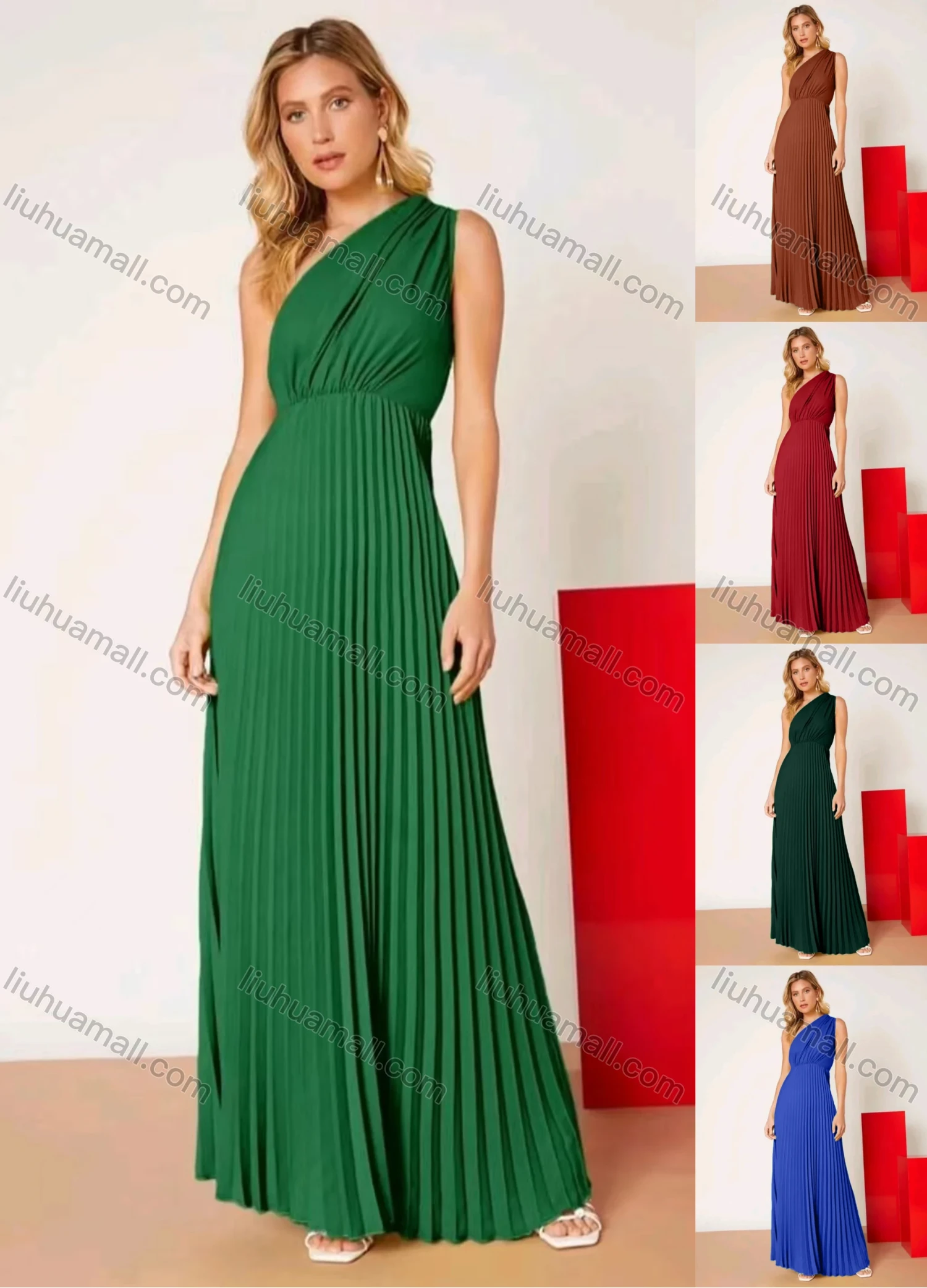 Wholesale Women's Plain One Shoulder High Waist Ruched Pleated Floor Length Cocktail Dress - Liuhuamall