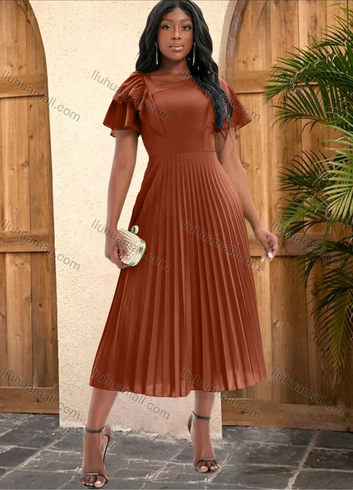 Wholesale Women's Casual Plain Ruffle Trim High Waist Pleated Cocktail Midi Dress - Liuhuamall